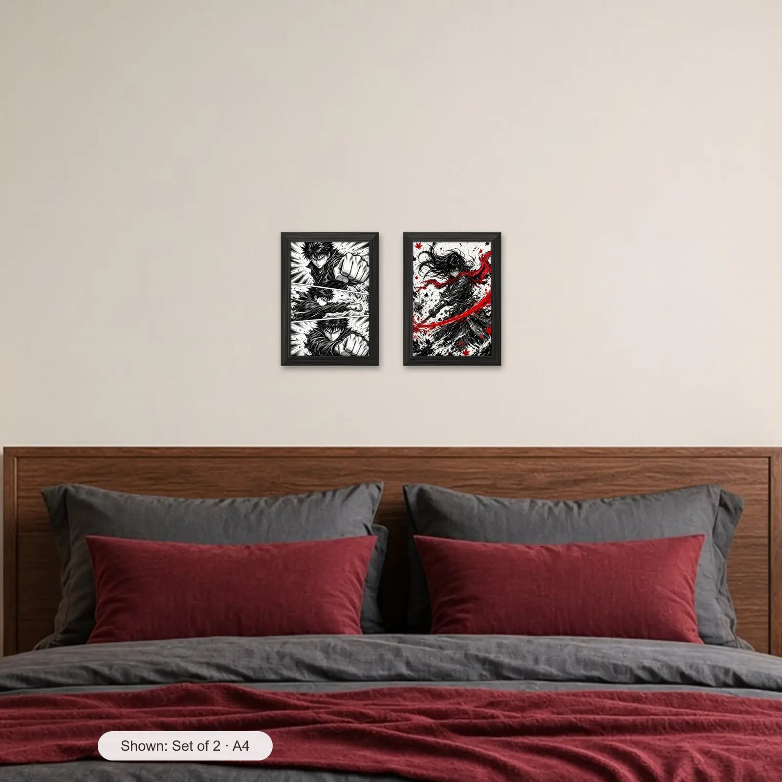 Manga Ink Set of 2 above a bed with crimson pillows