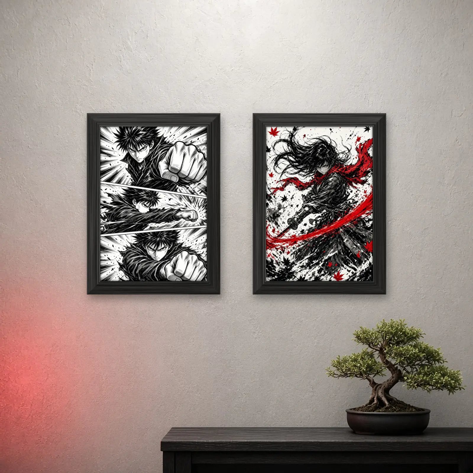 Manga Ink Set of 2 on a light wall with a crimson glow