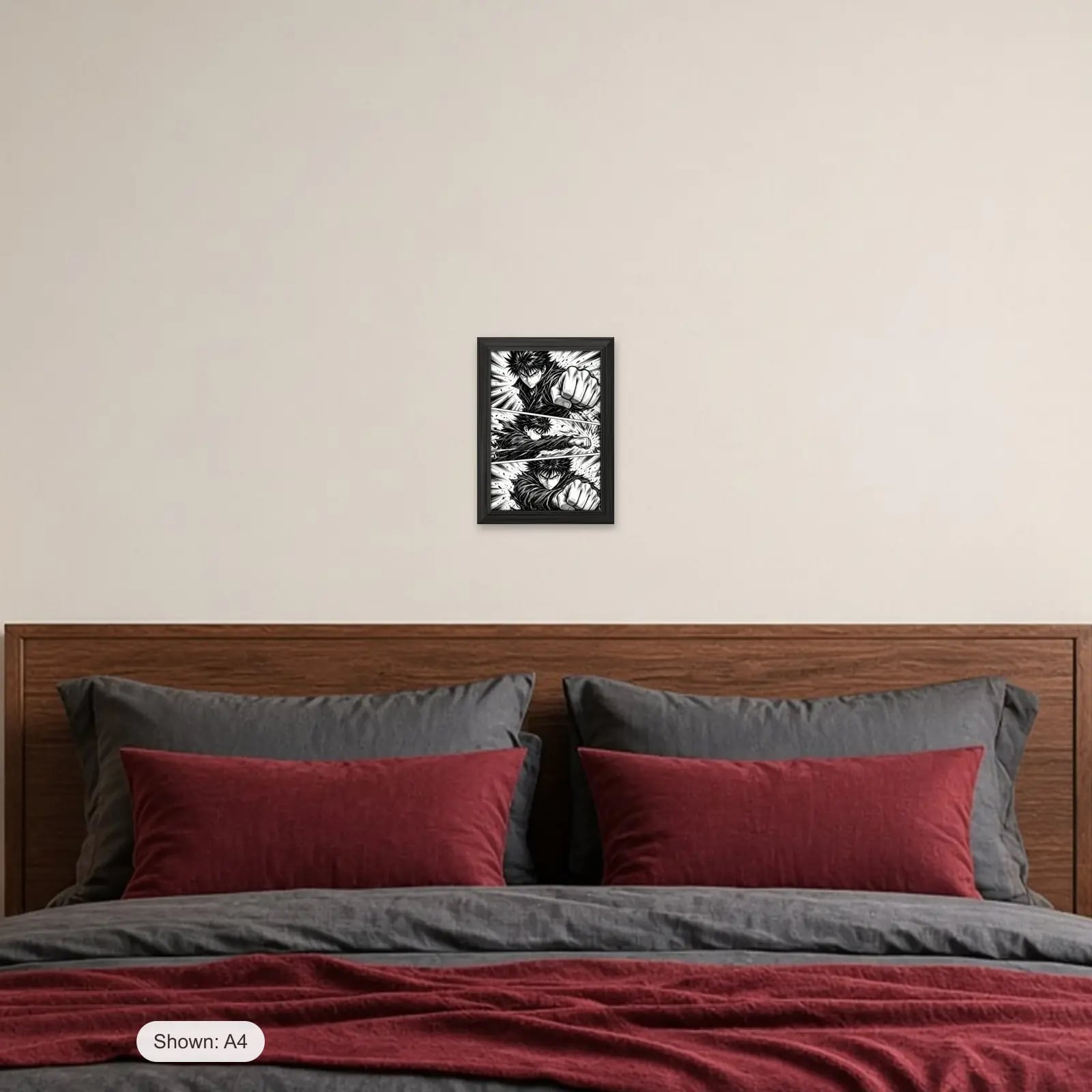 Ink Panel Manga Frame above a bed with crimson pillows