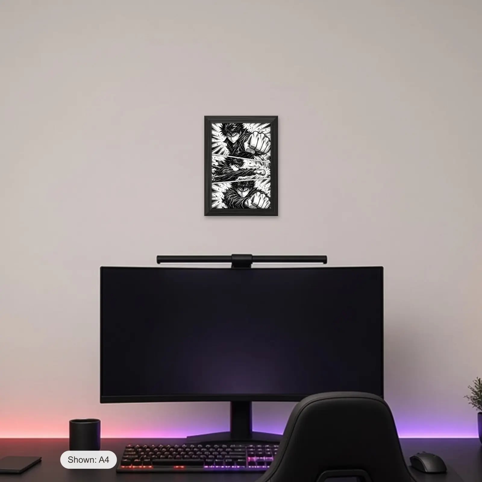 Ink Panel Manga Frame above a gaming desk
