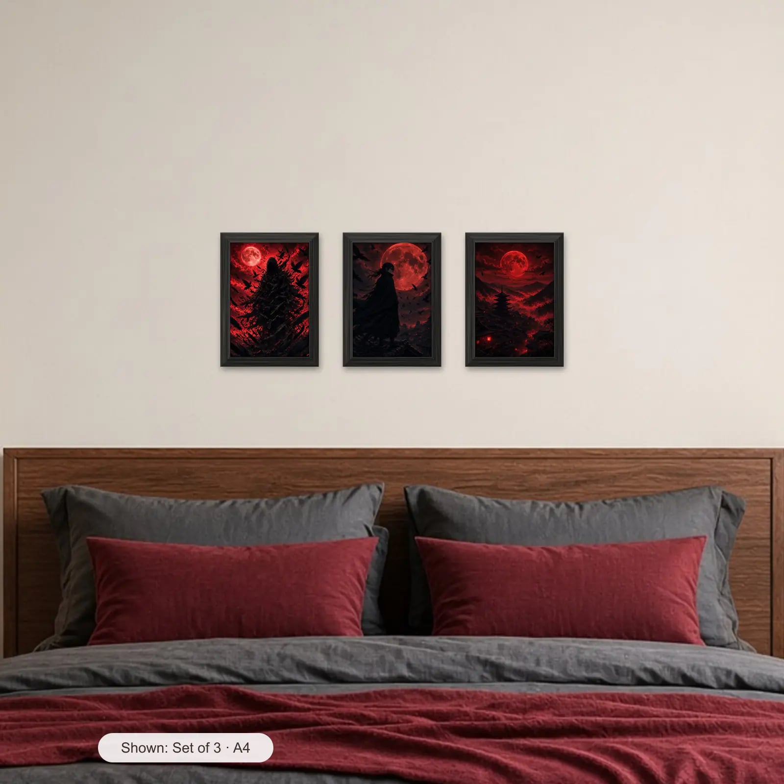 Crimson Moon Set of 3 above a bed with crimson pillows