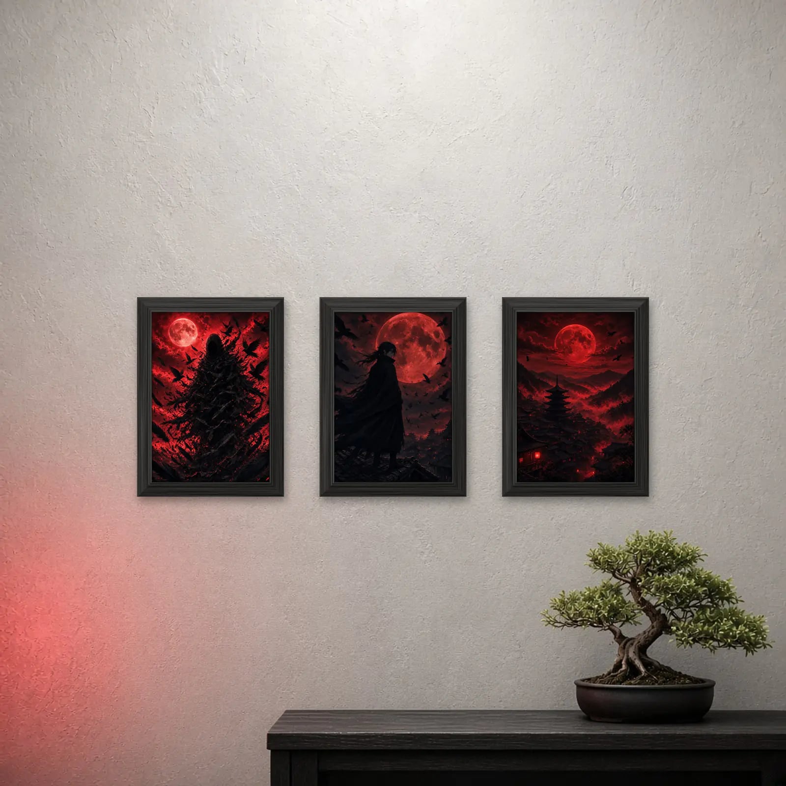 Crimson Moon Set of 3 on a light wall with a crimson glow