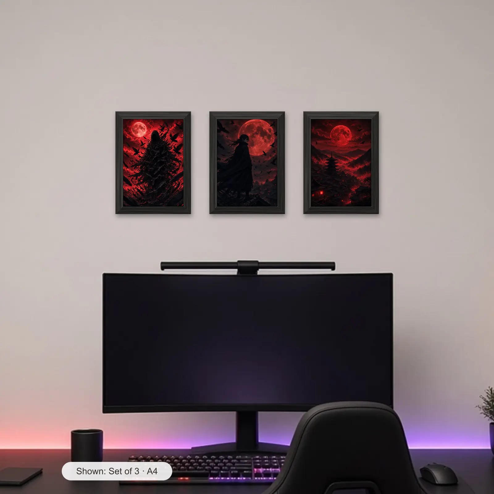 Crimson Moon Set of 3 above a gaming desk
