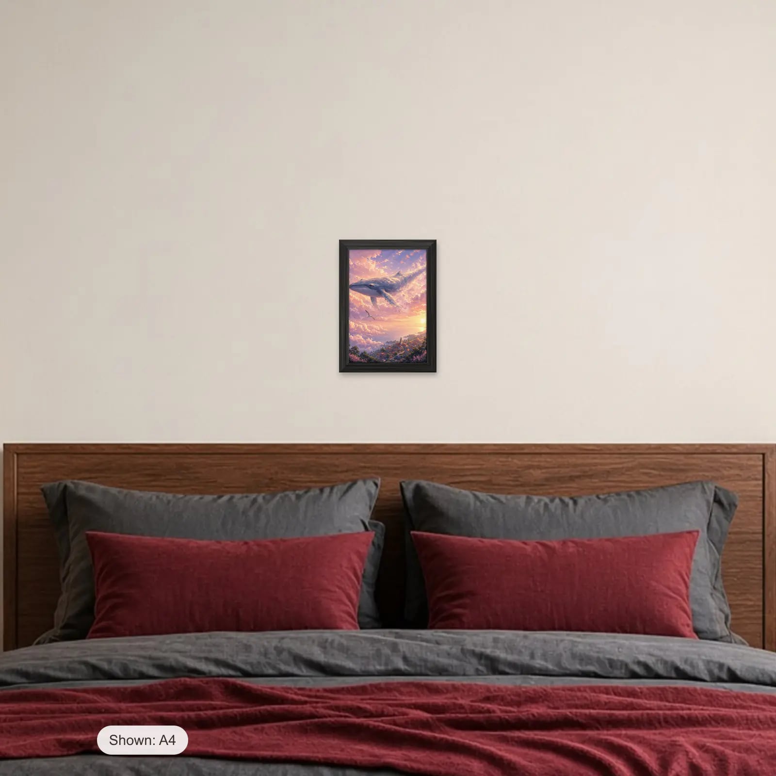 Cloud Whale Anime Frame above a bed with crimson pillows