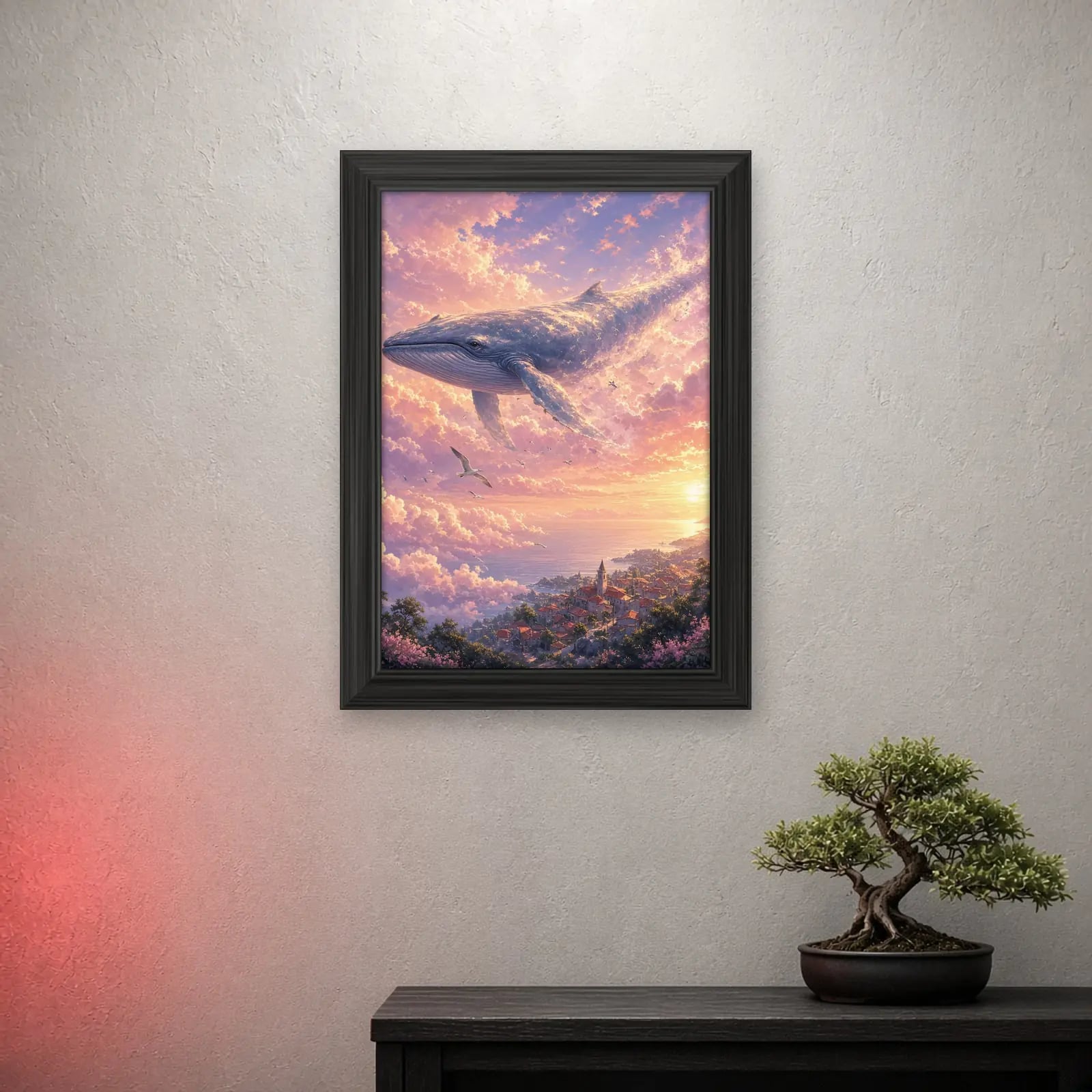 Cloud Whale Anime Frame on a light wall with a crimson glow
