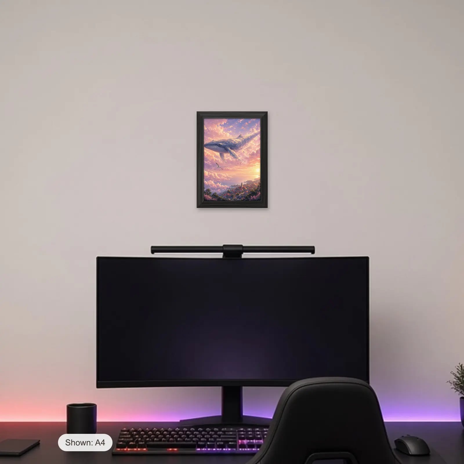 Cloud Whale Anime Frame above a gaming desk