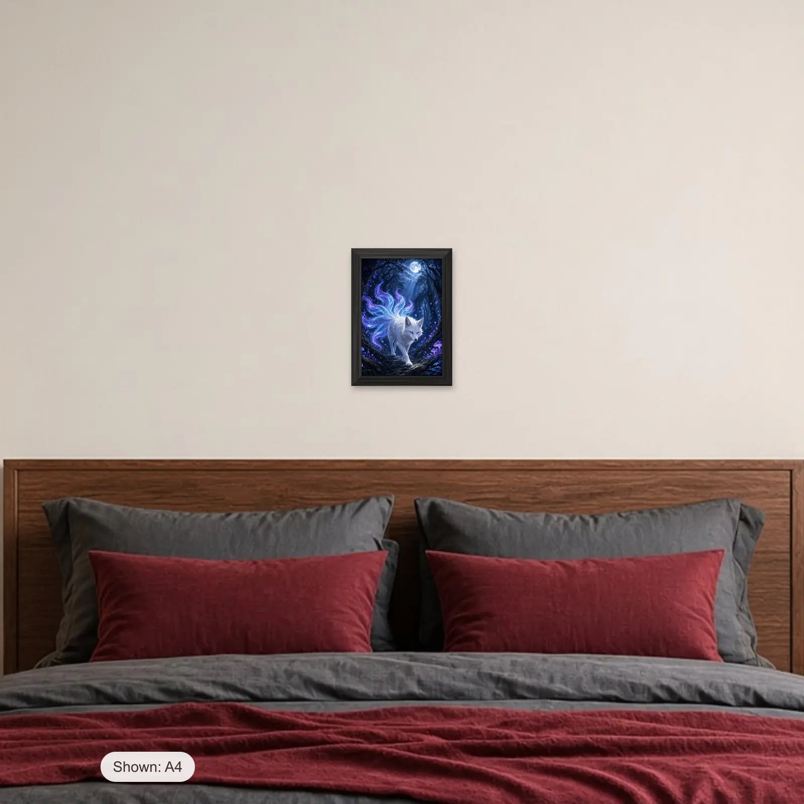 Spirit Fox Anime Frame above a bed with crimson pillows