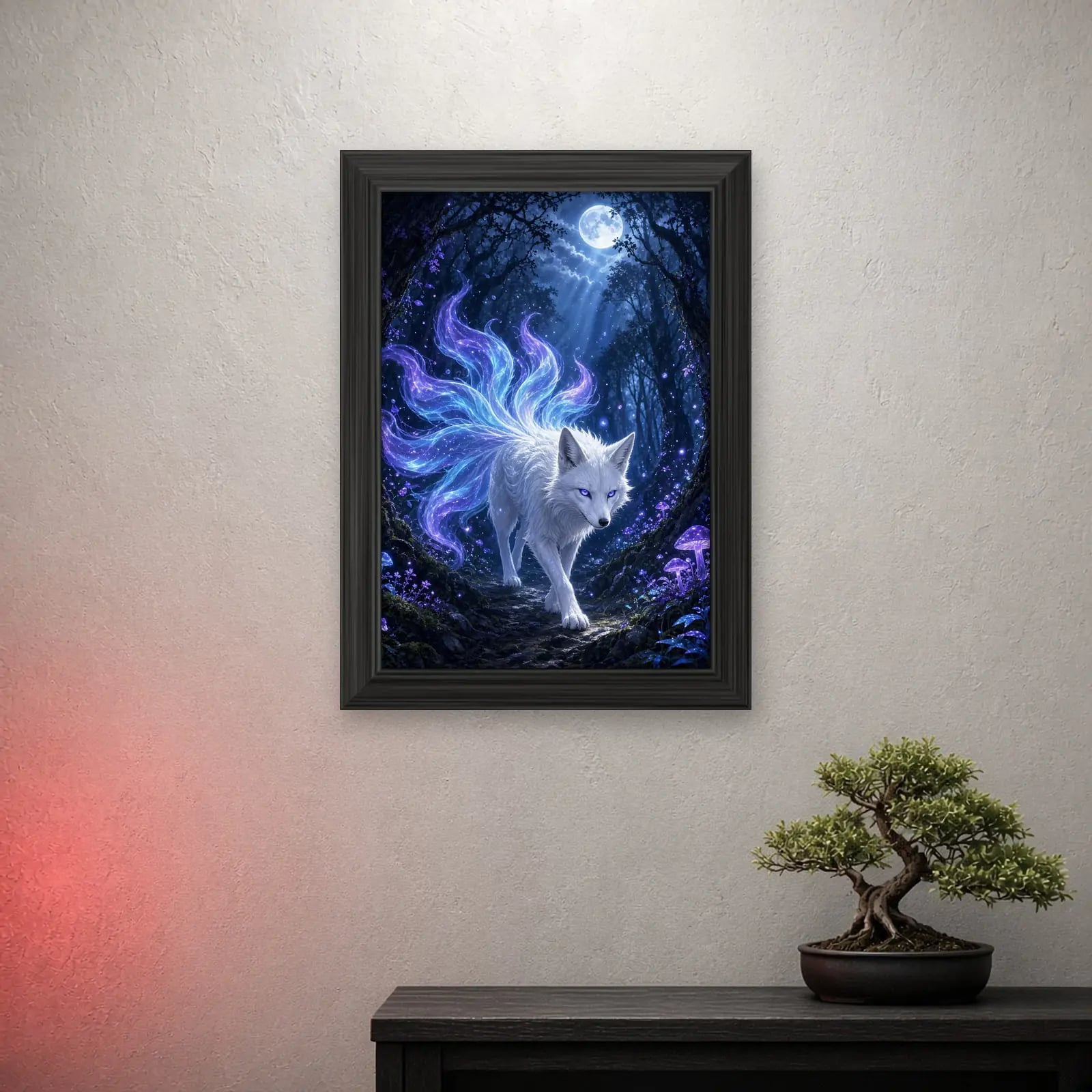 Spirit Fox Anime Frame on a light wall with a crimson glow