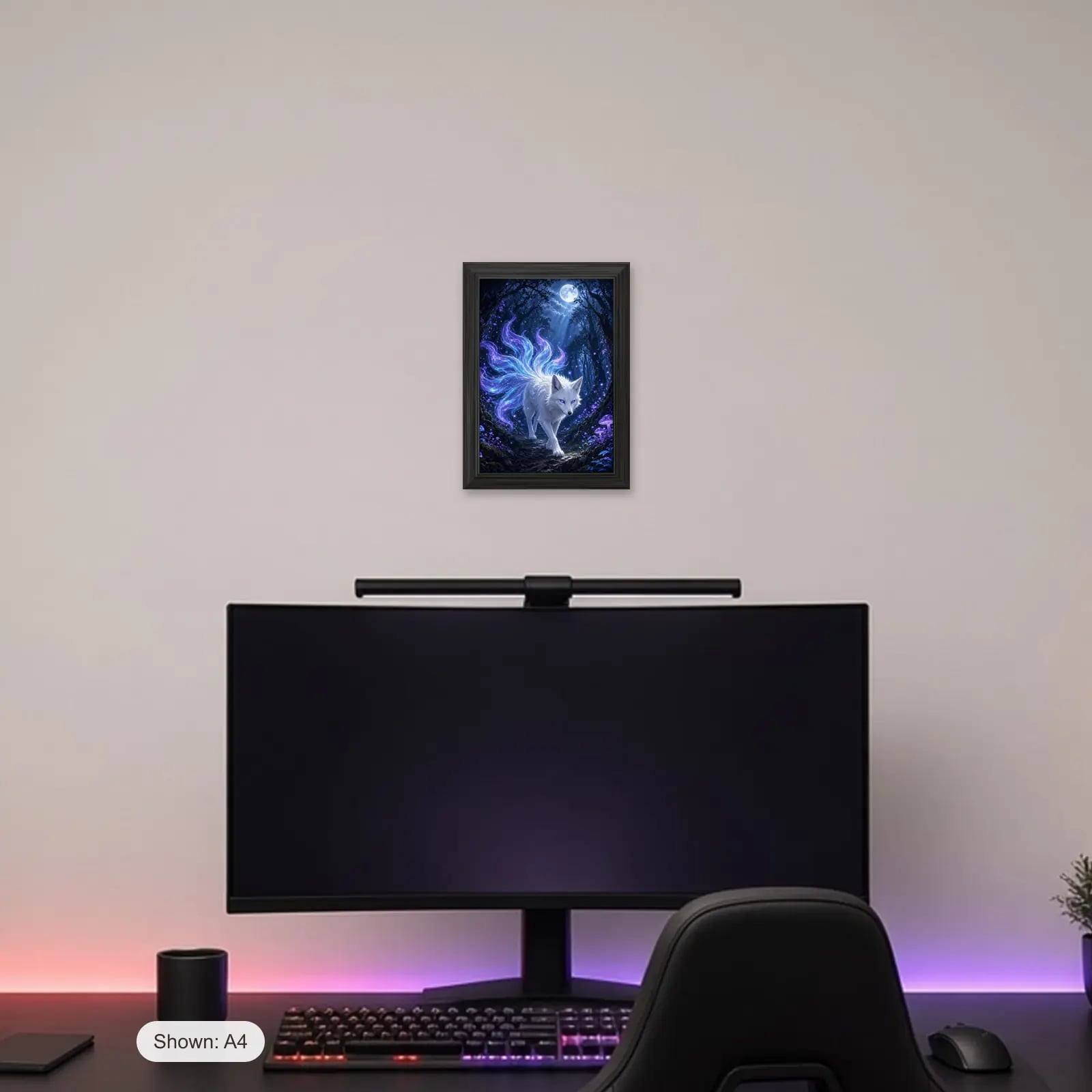 Spirit Fox Anime Frame above a gaming desk