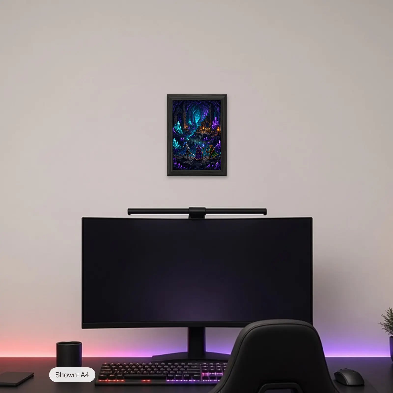 Crystal Dungeon Gaming Frame above a gaming desk