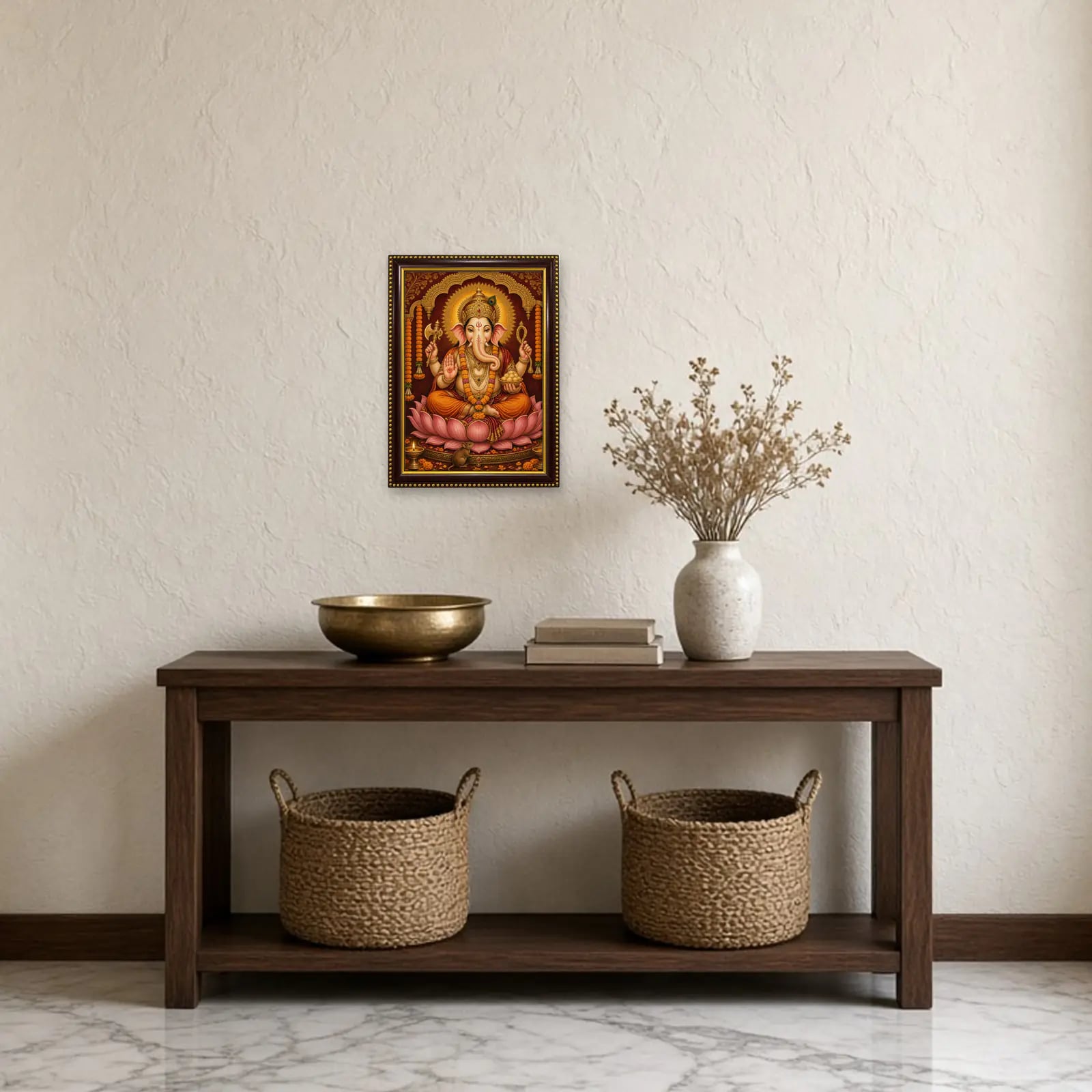 Ganesh Ji Frame above a console table