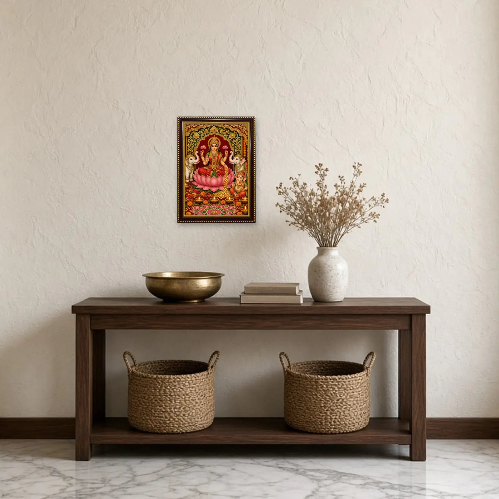 Lakshmi Ganesh Diwali Frame above a console table