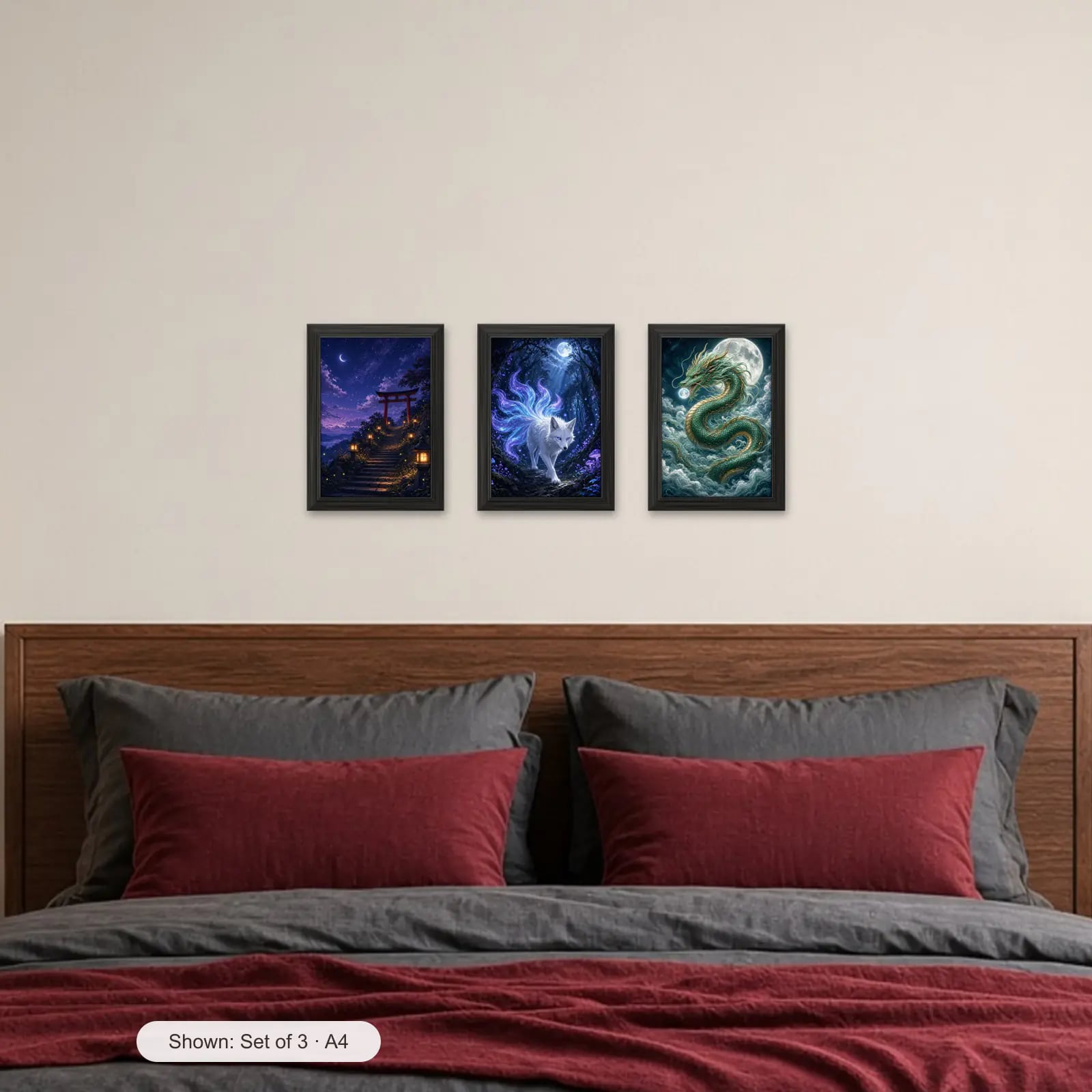 Spirit Night Set of 3 above a bed with crimson pillows