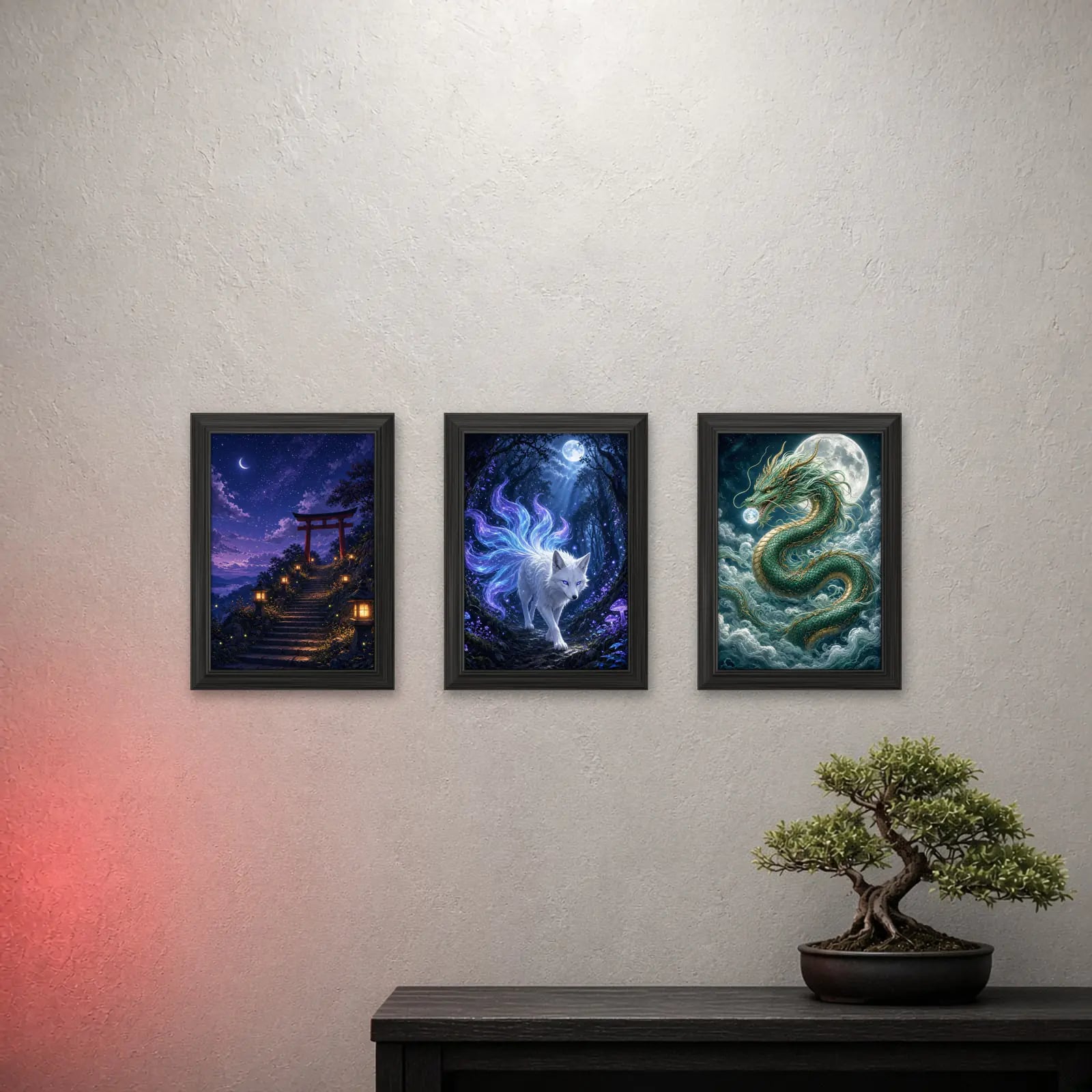 Spirit Night Set of 3 on a light wall with a crimson glow