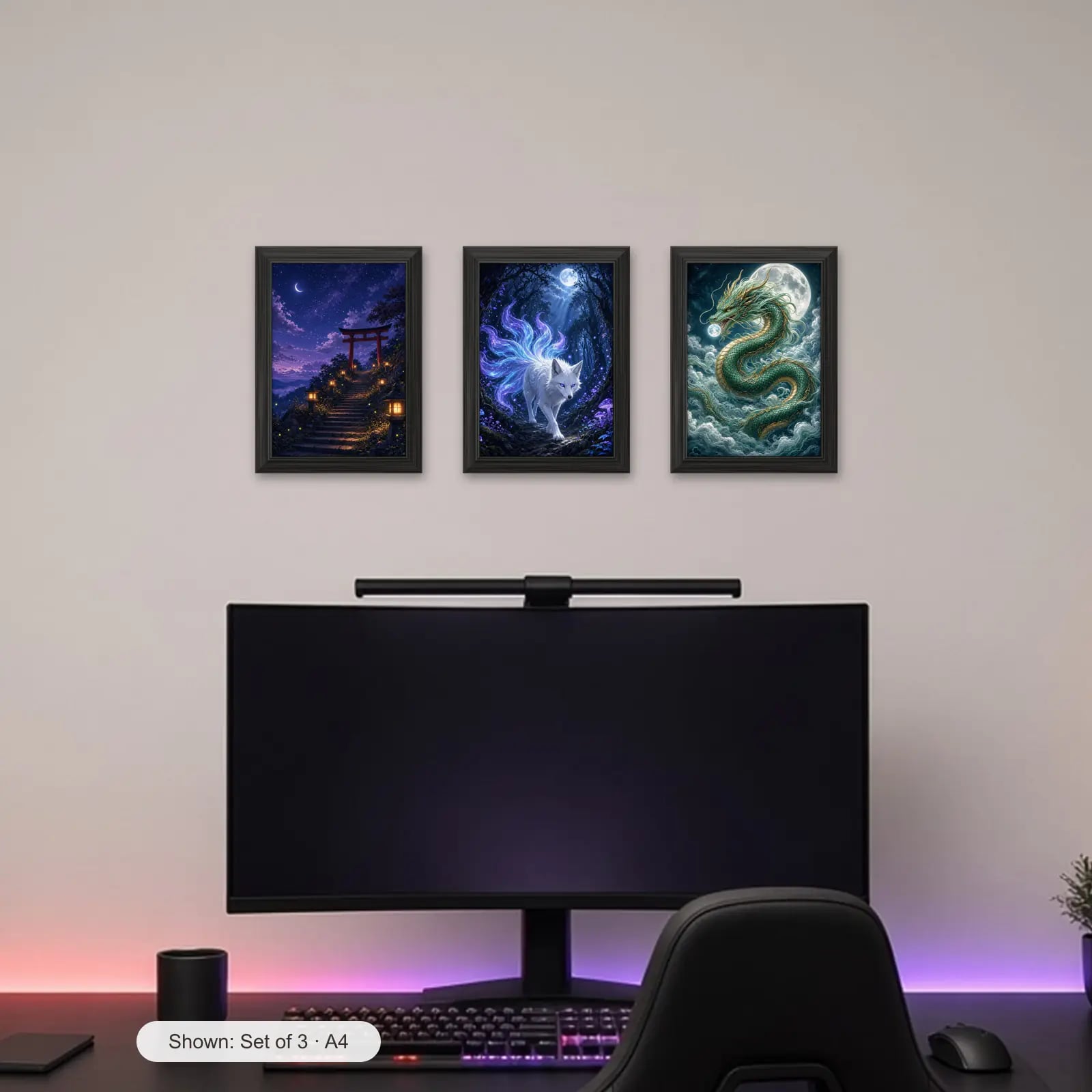 Spirit Night Set of 3 above a gaming desk