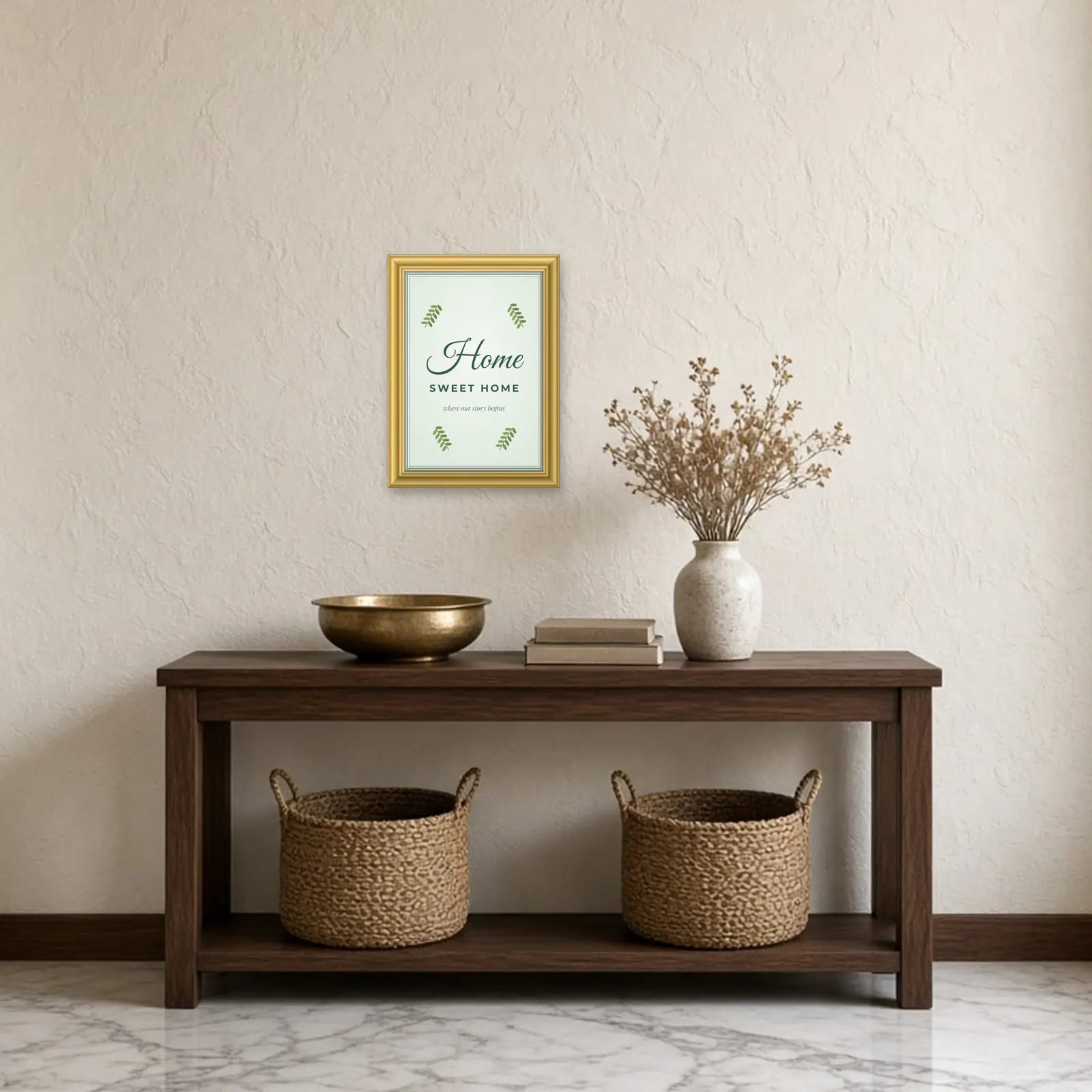 Home Sweet Home Quote Frame above a console table