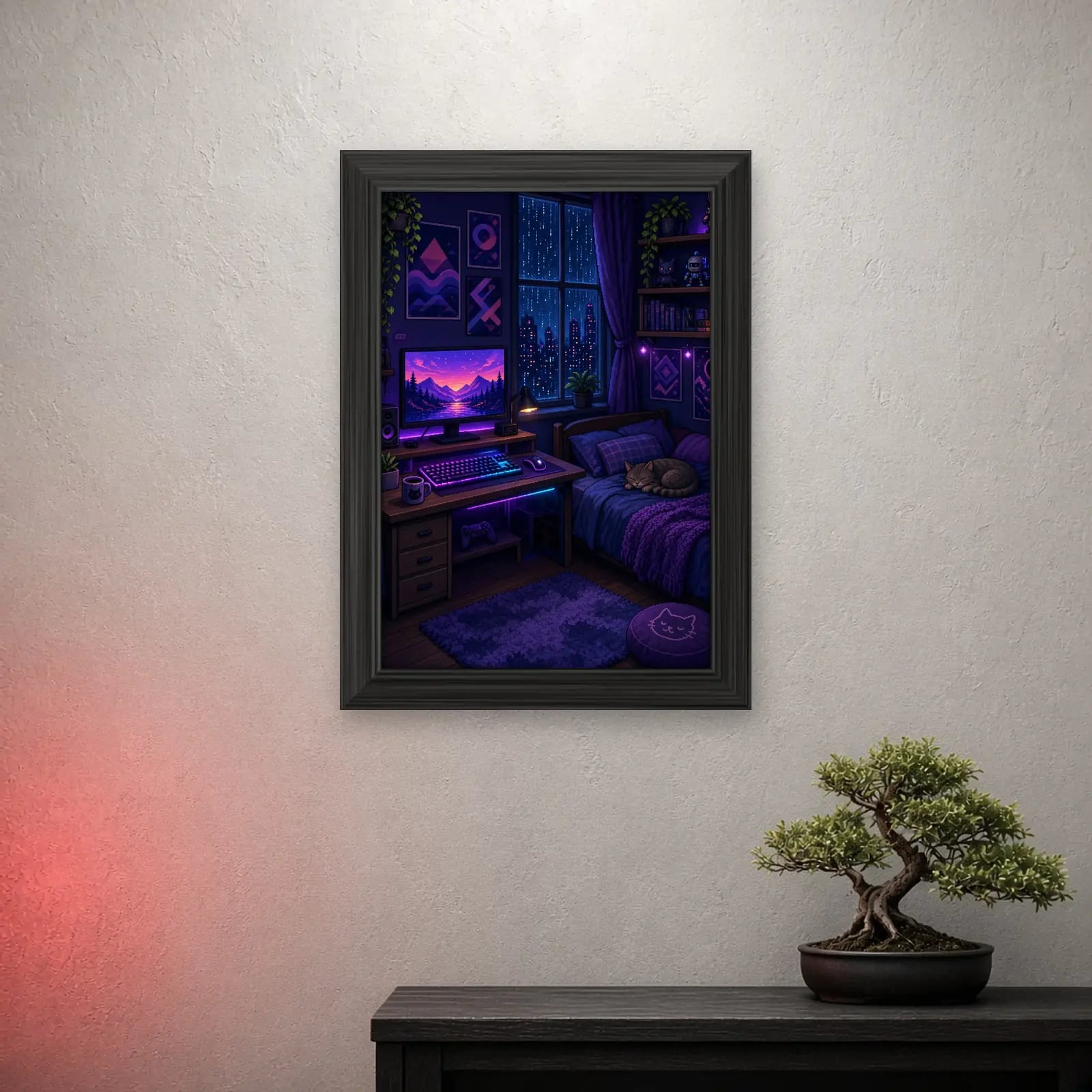 Night Shift Gaming Frame on a light wall with a crimson glow