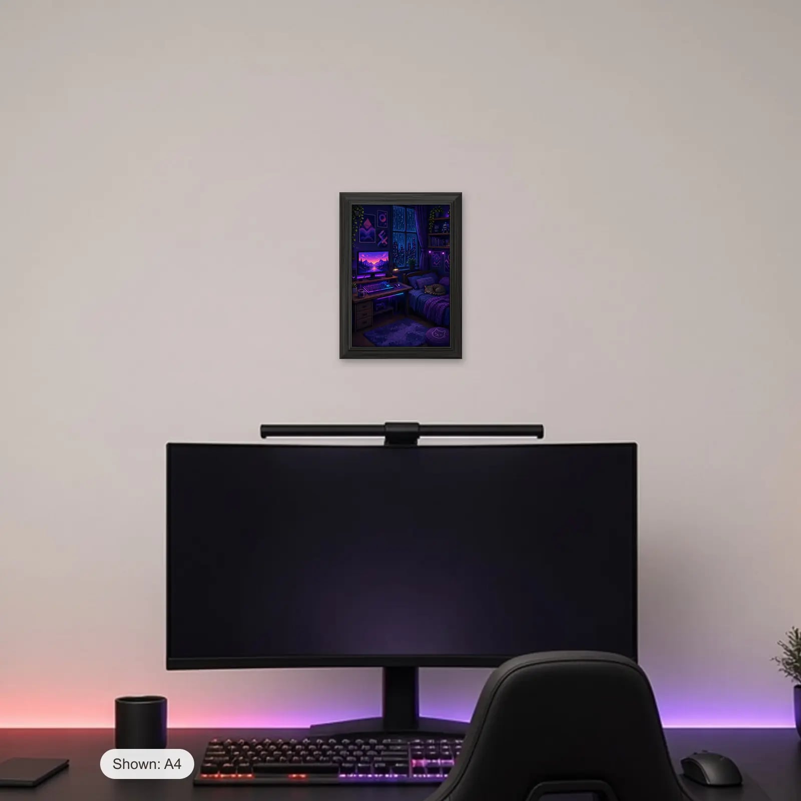 Night Shift Gaming Frame above a gaming desk