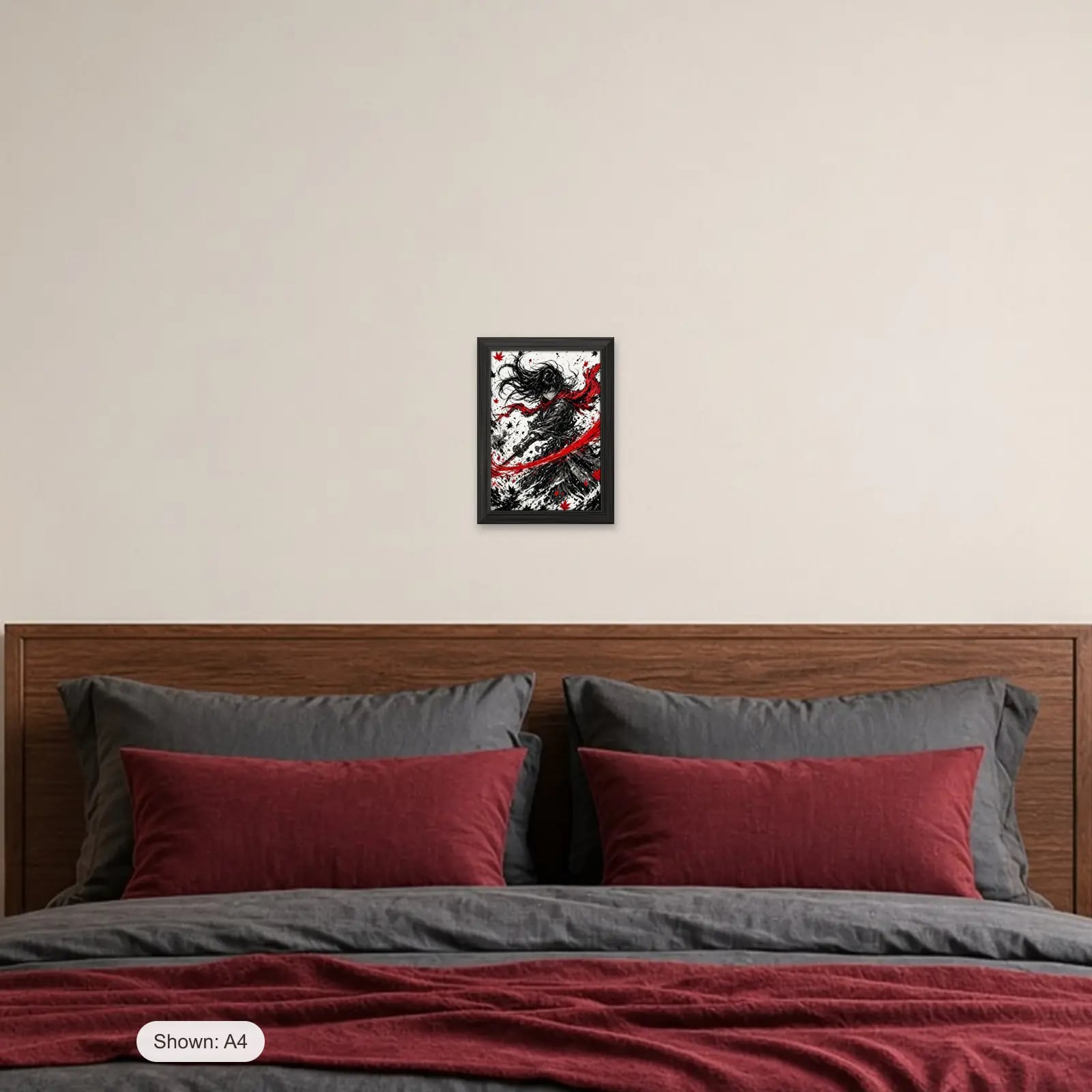 Crimson Ink Manga Frame above a bed with crimson pillows