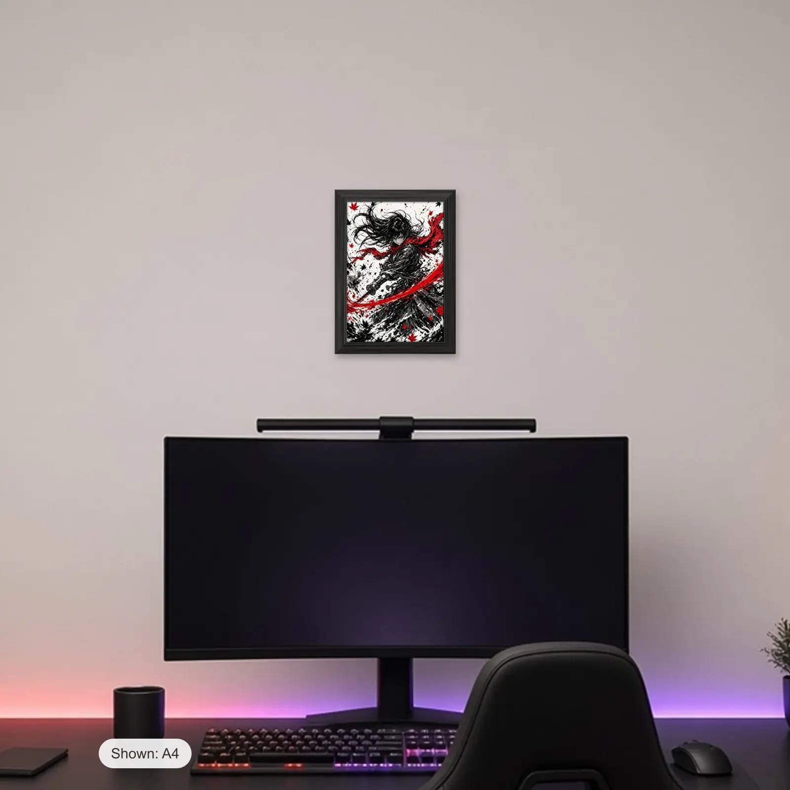 Crimson Ink Manga Frame above a gaming desk
