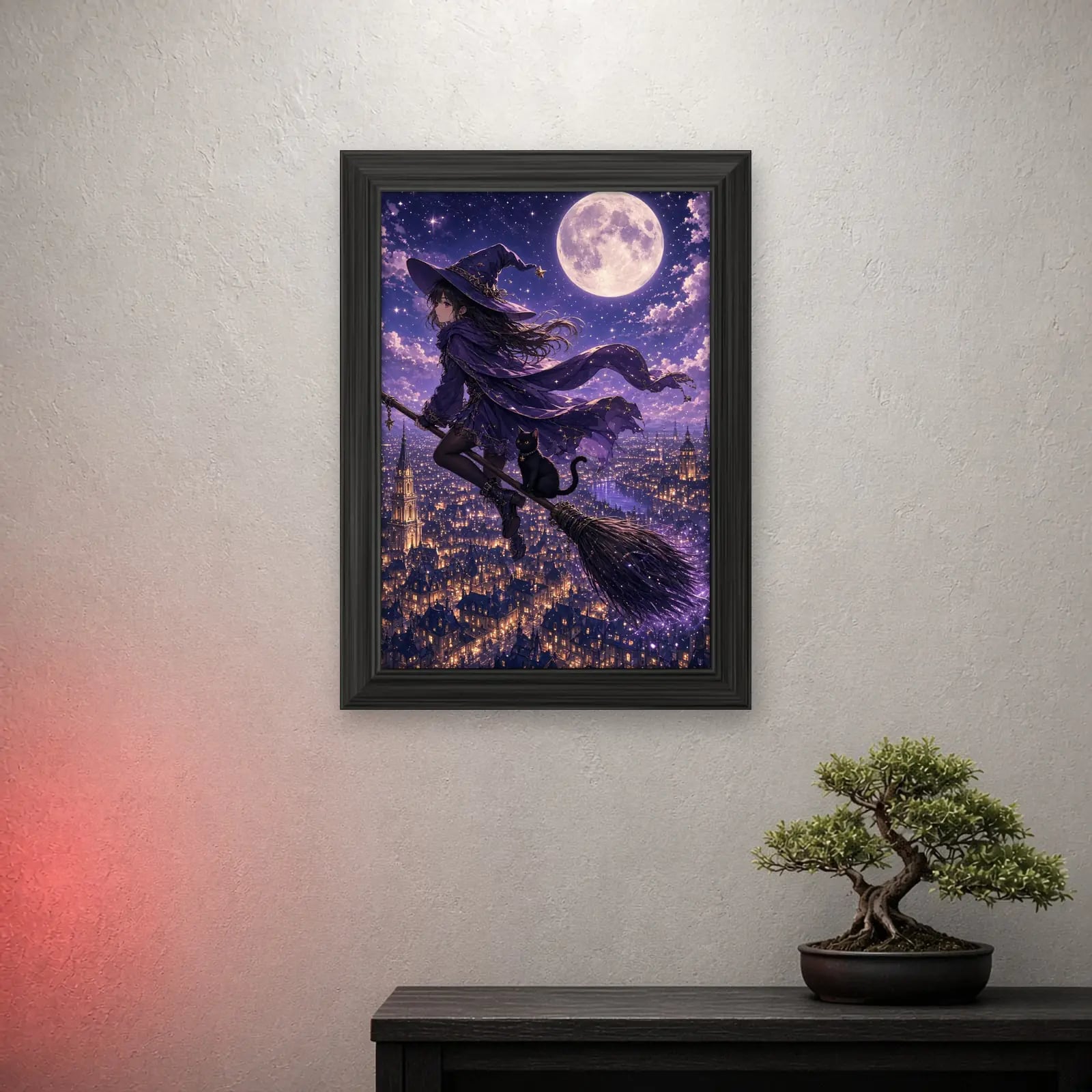 Starlight Witch Art Print on a light wall with a crimson glow