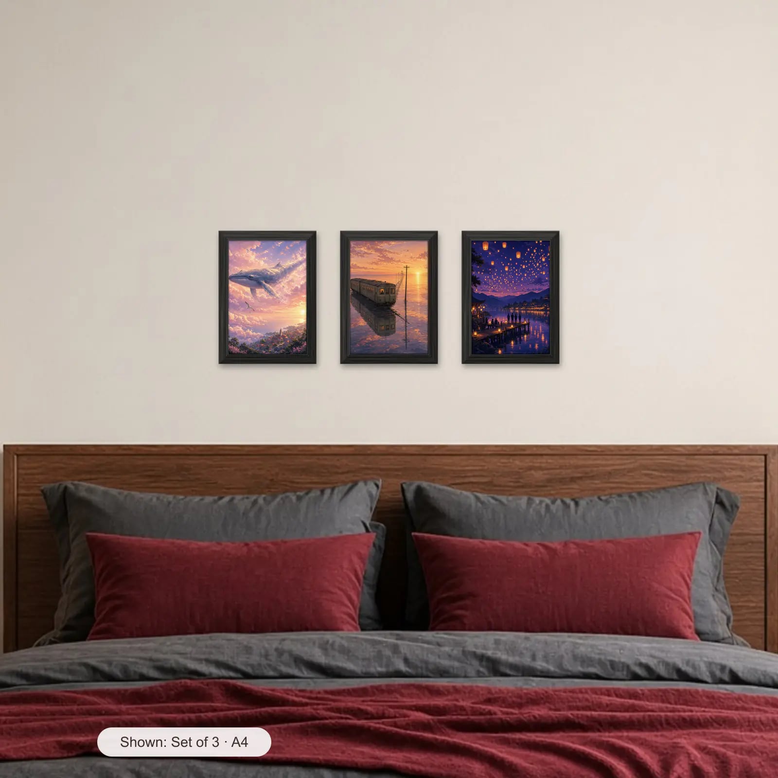 Dreamscape Set of 3 above a bed with crimson pillows