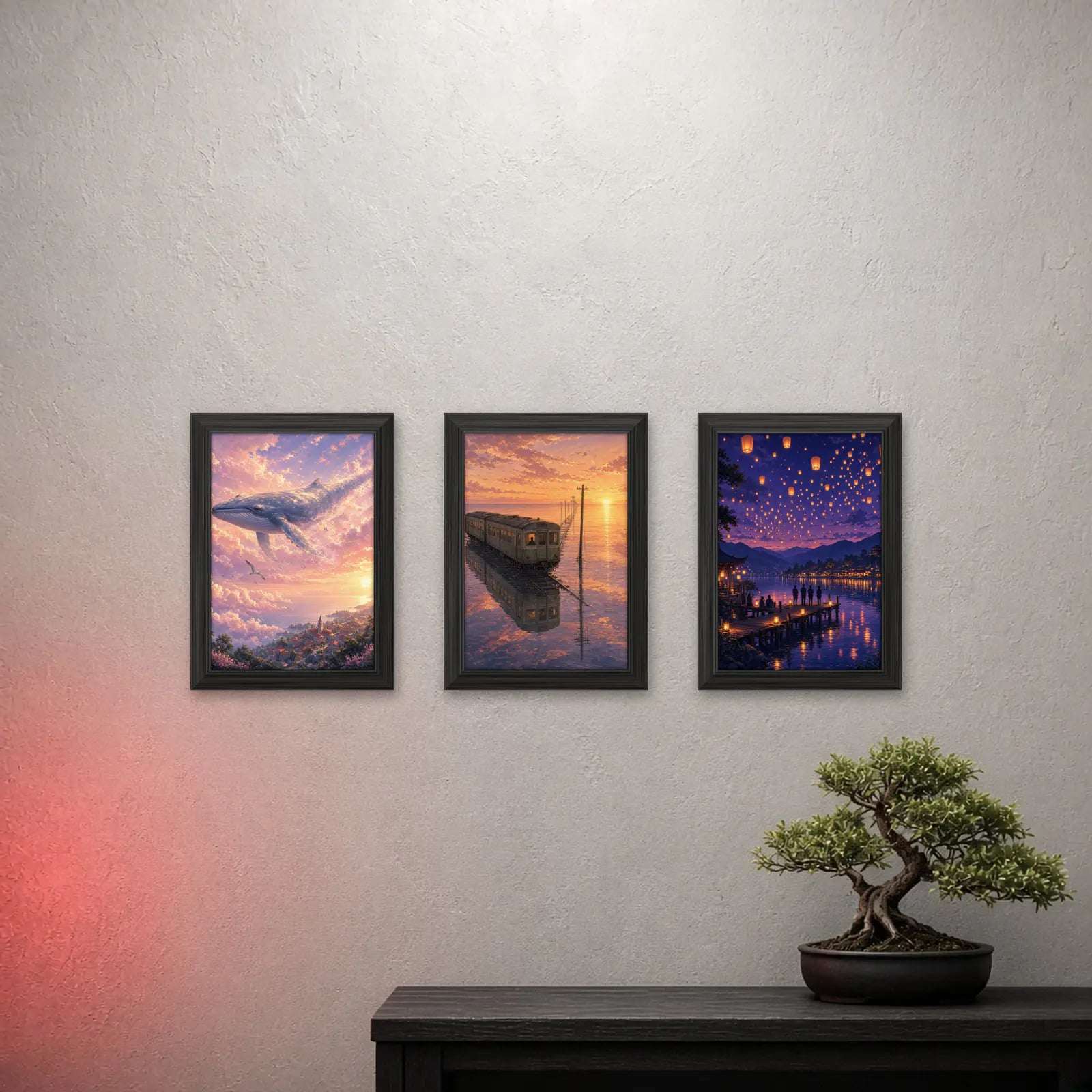 Dreamscape Set of 3 on a light wall with a crimson glow