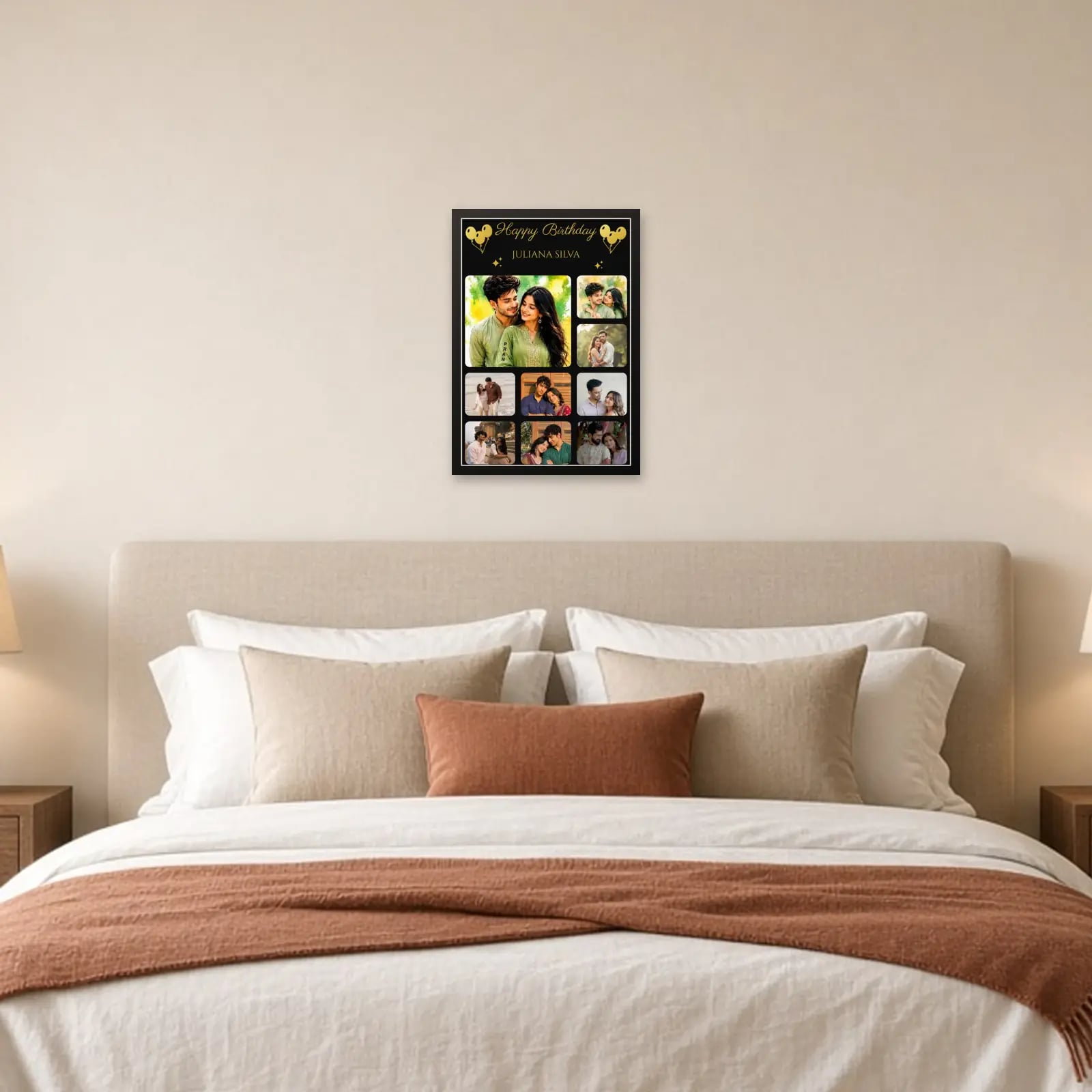 Customizable Birthday Photo Frame With 9 Images and Name above a bed