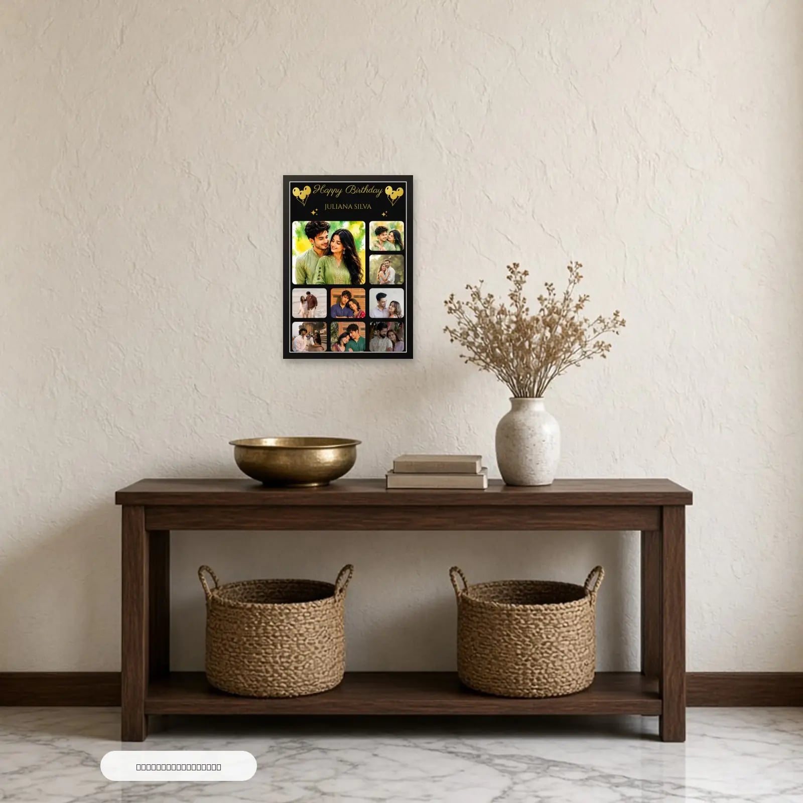 Customizable Birthday Photo Frame With 9 Images and Name above a console table