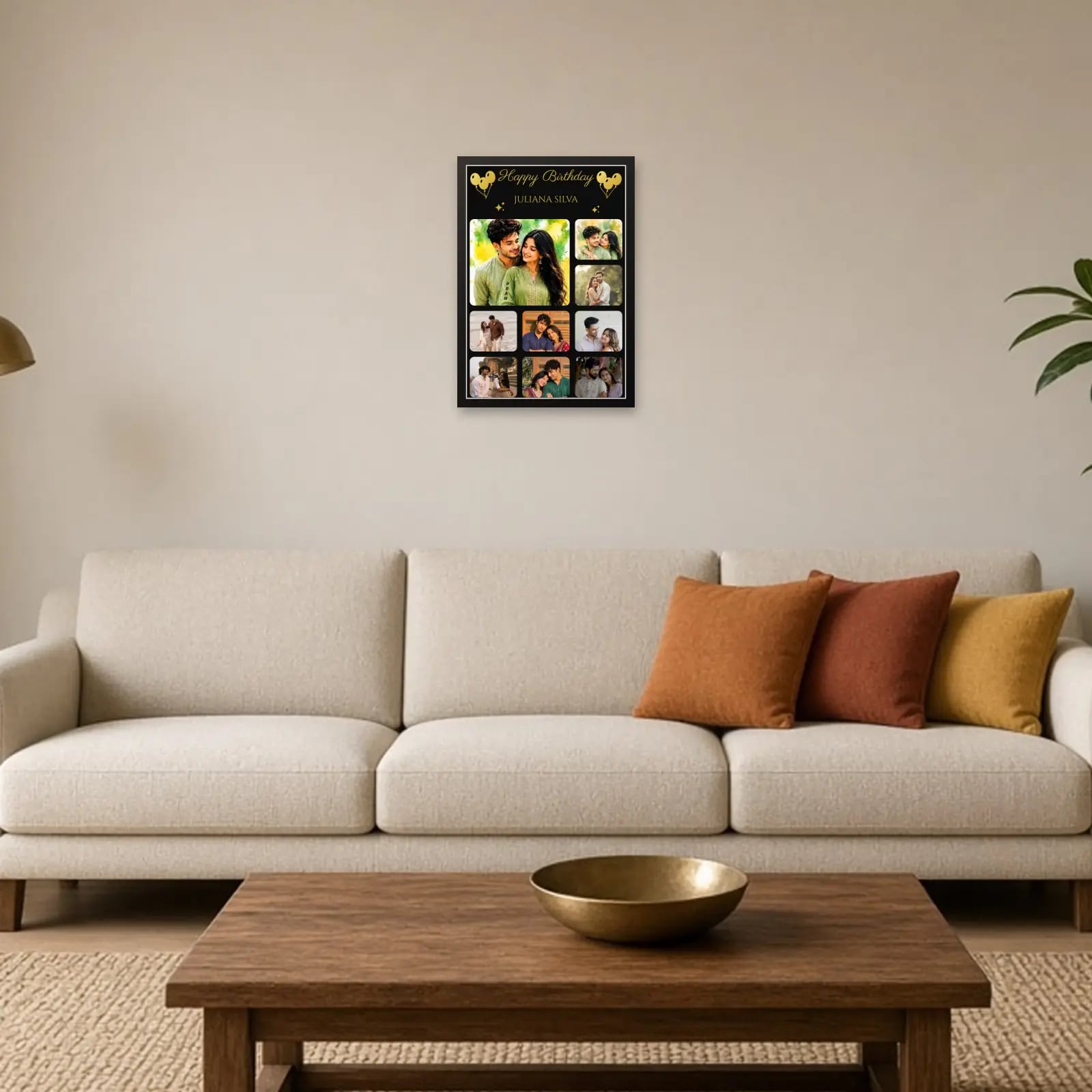 Customizable Birthday Photo Frame With 9 Images and Name above a sofa