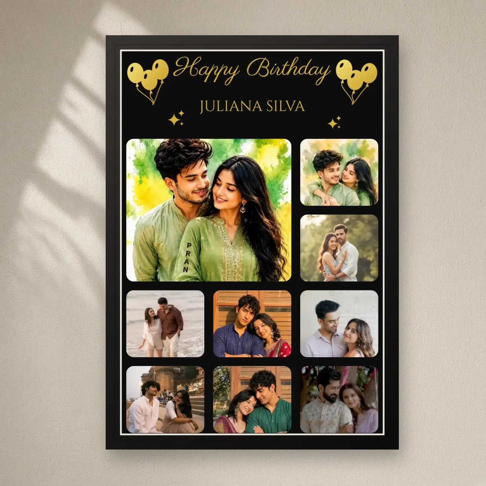 Customizable Birthday Photo Frame With 9 Images and Name on a plain wall