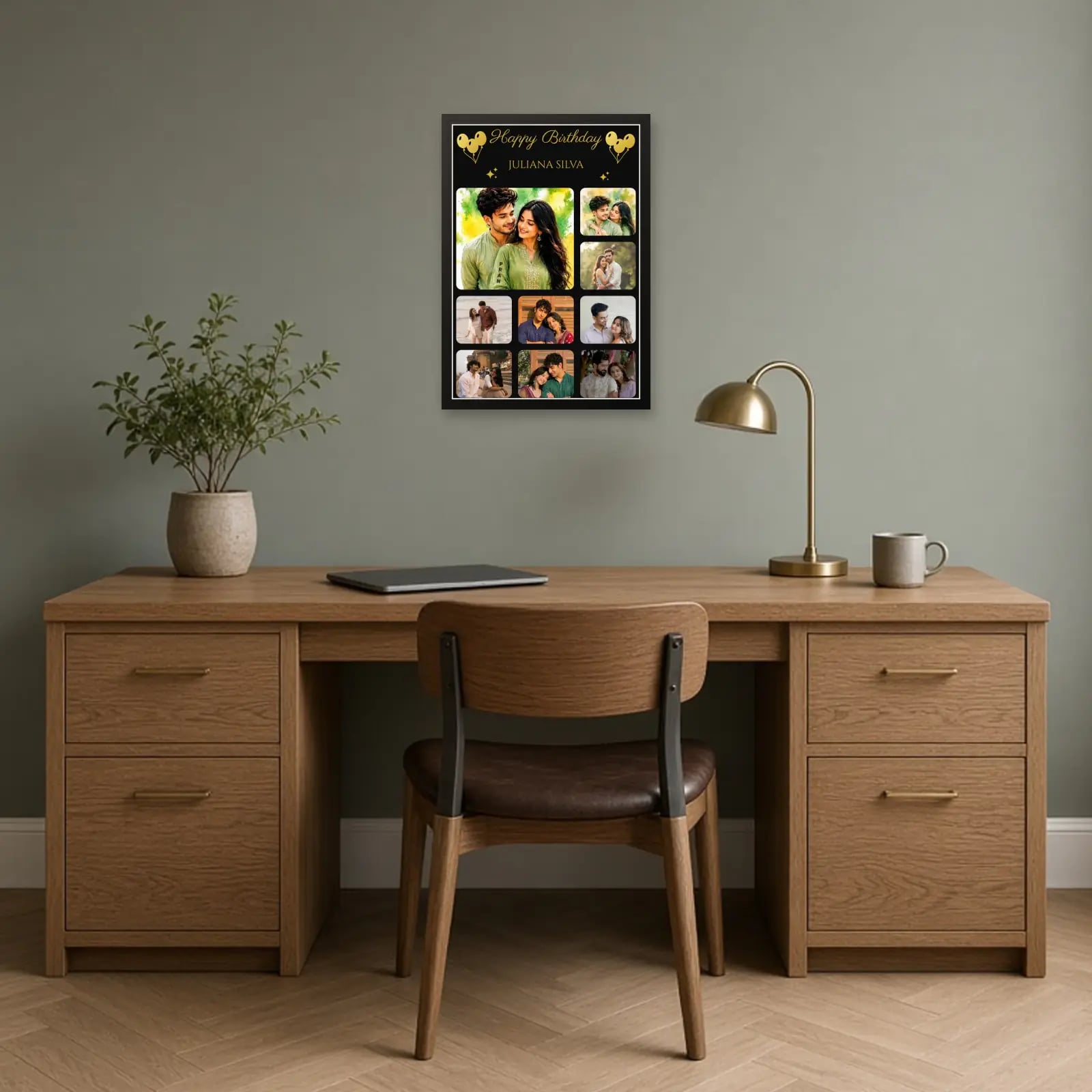 Customizable Birthday Photo Frame With 9 Images and Name above a desk