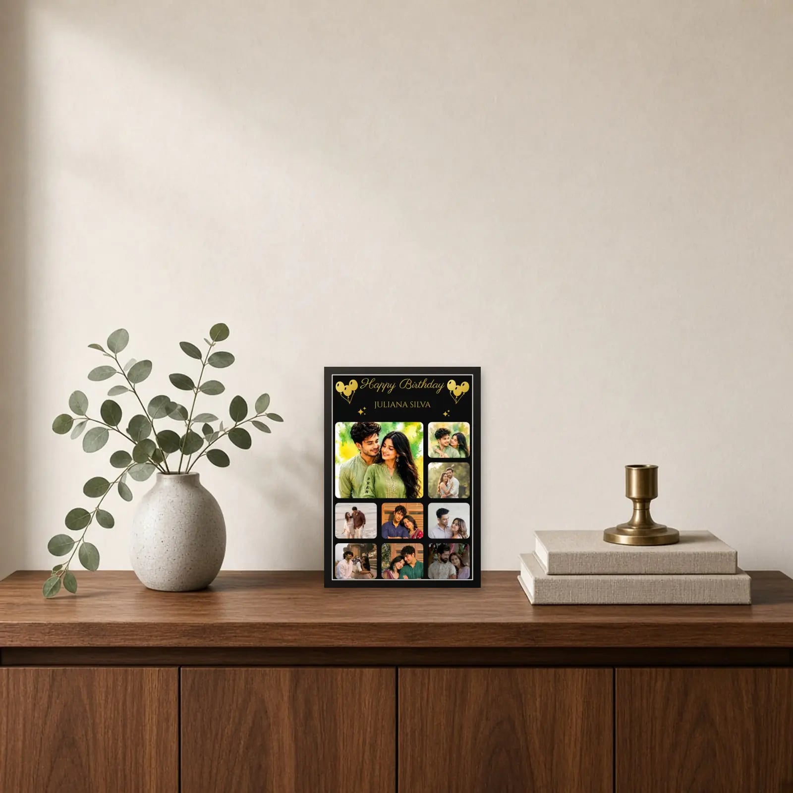 Customizable Birthday Photo Frame With 9 Images and Name standing on a sideboard