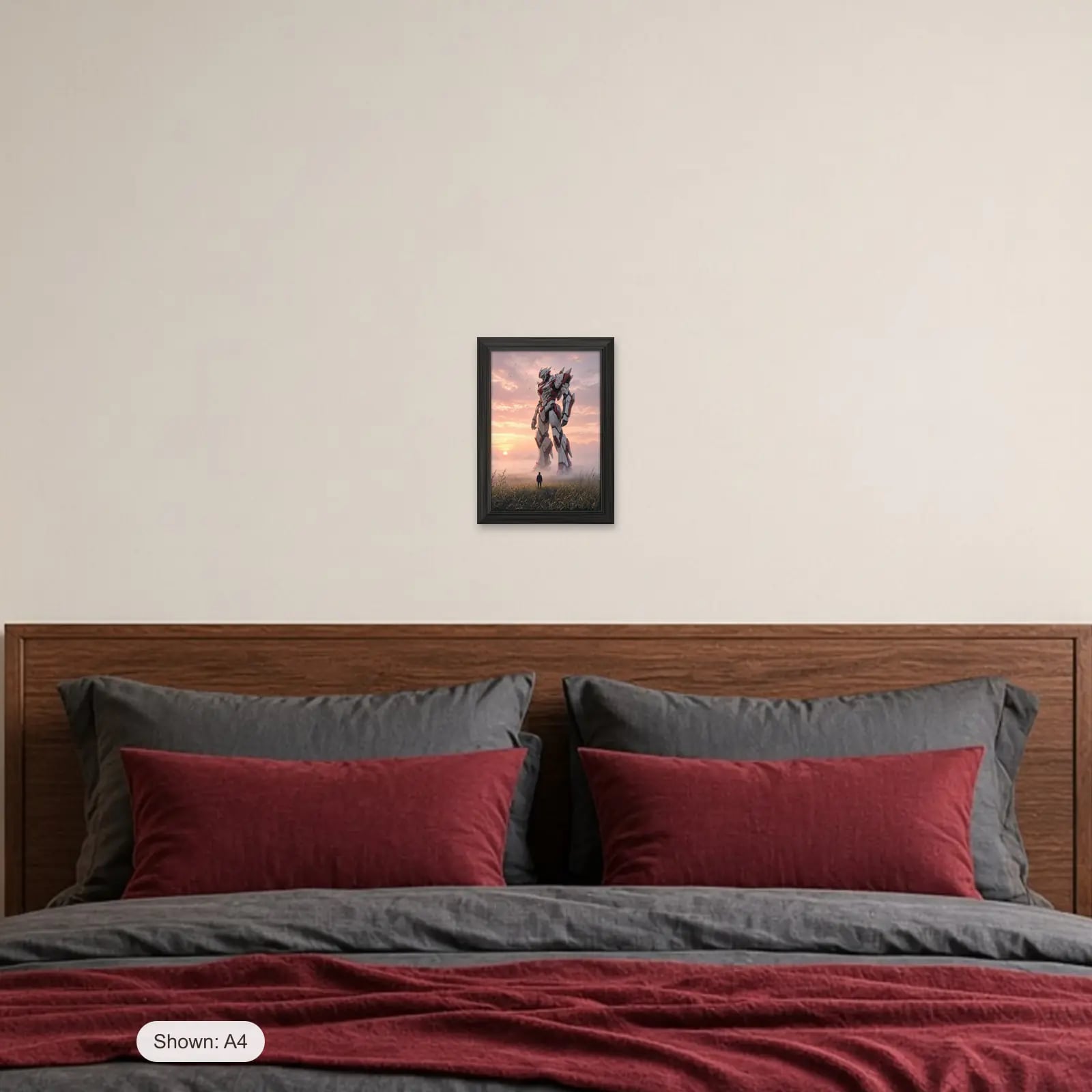 Mecha Dawn Art Print above a bed with crimson pillows