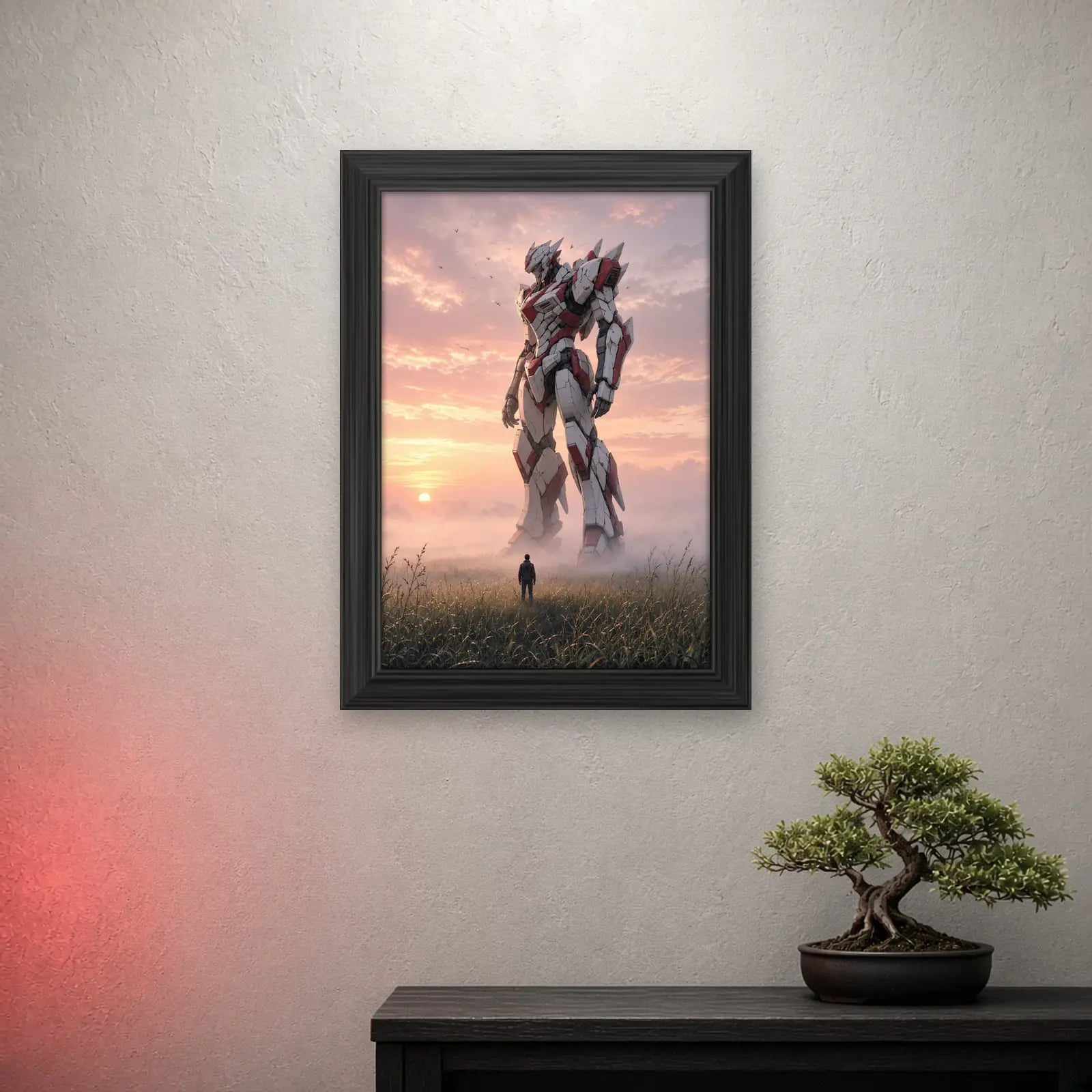 Mecha Dawn Art Print on a light wall with a crimson glow