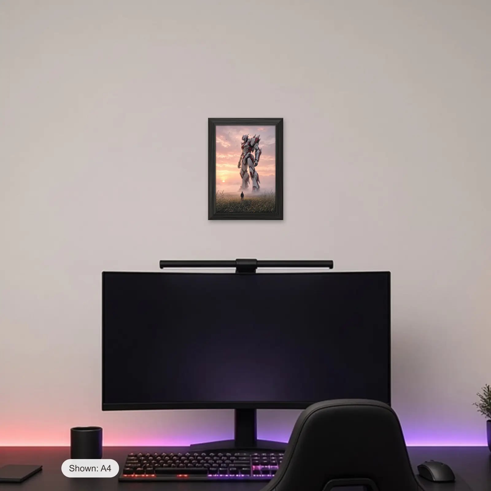 Mecha Dawn Art Print above a gaming desk