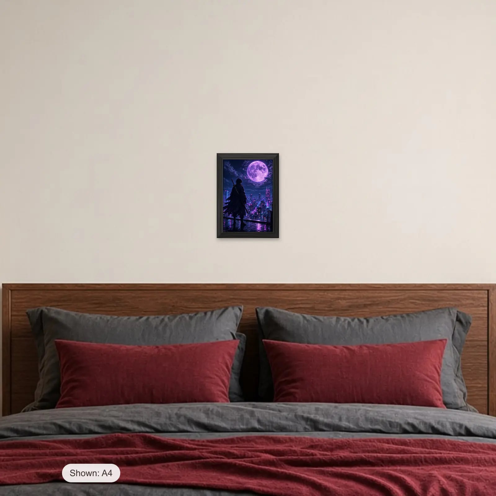Neon Ronin Anime Frame above a bed with crimson pillows