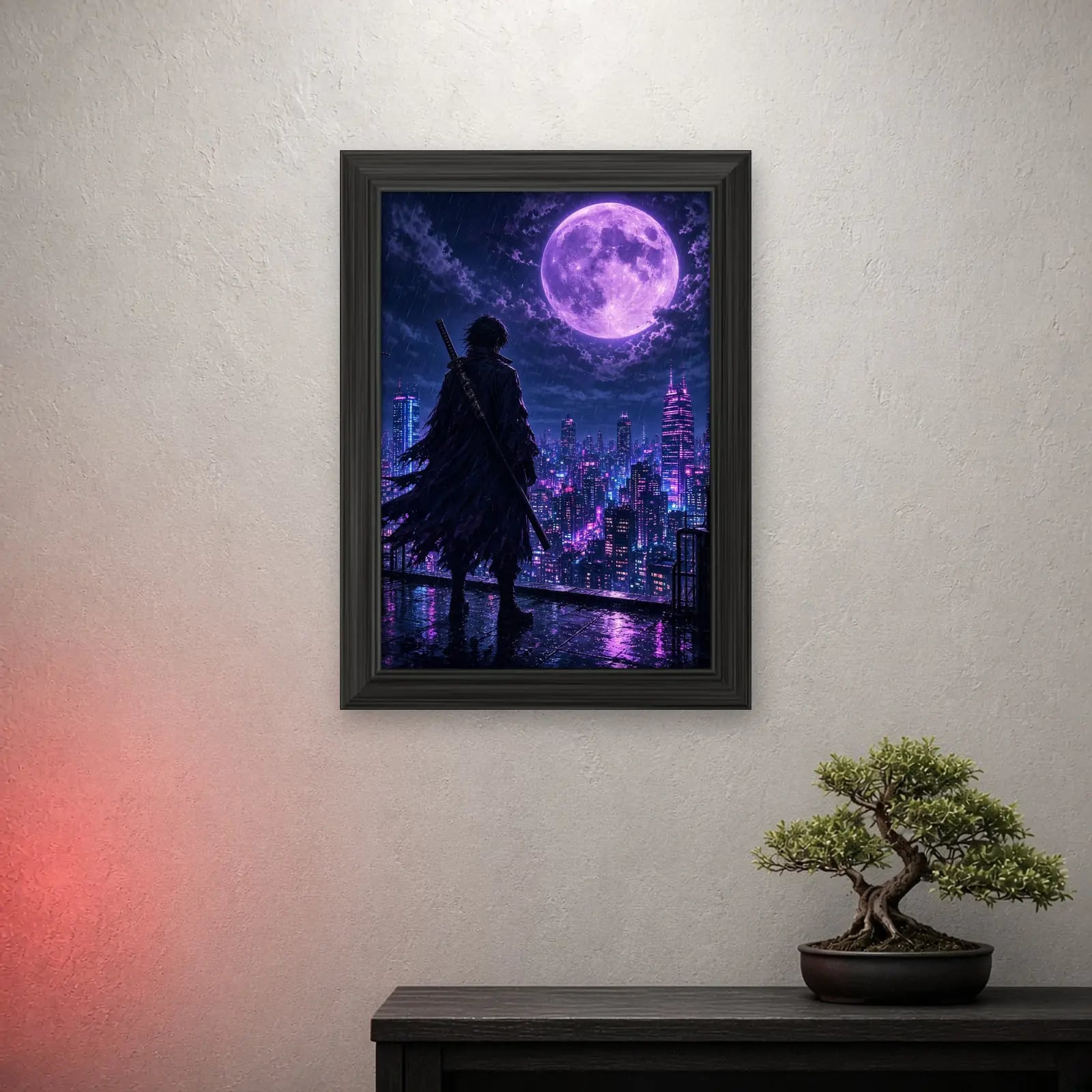 Neon Ronin Anime Frame on a light wall with a crimson glow
