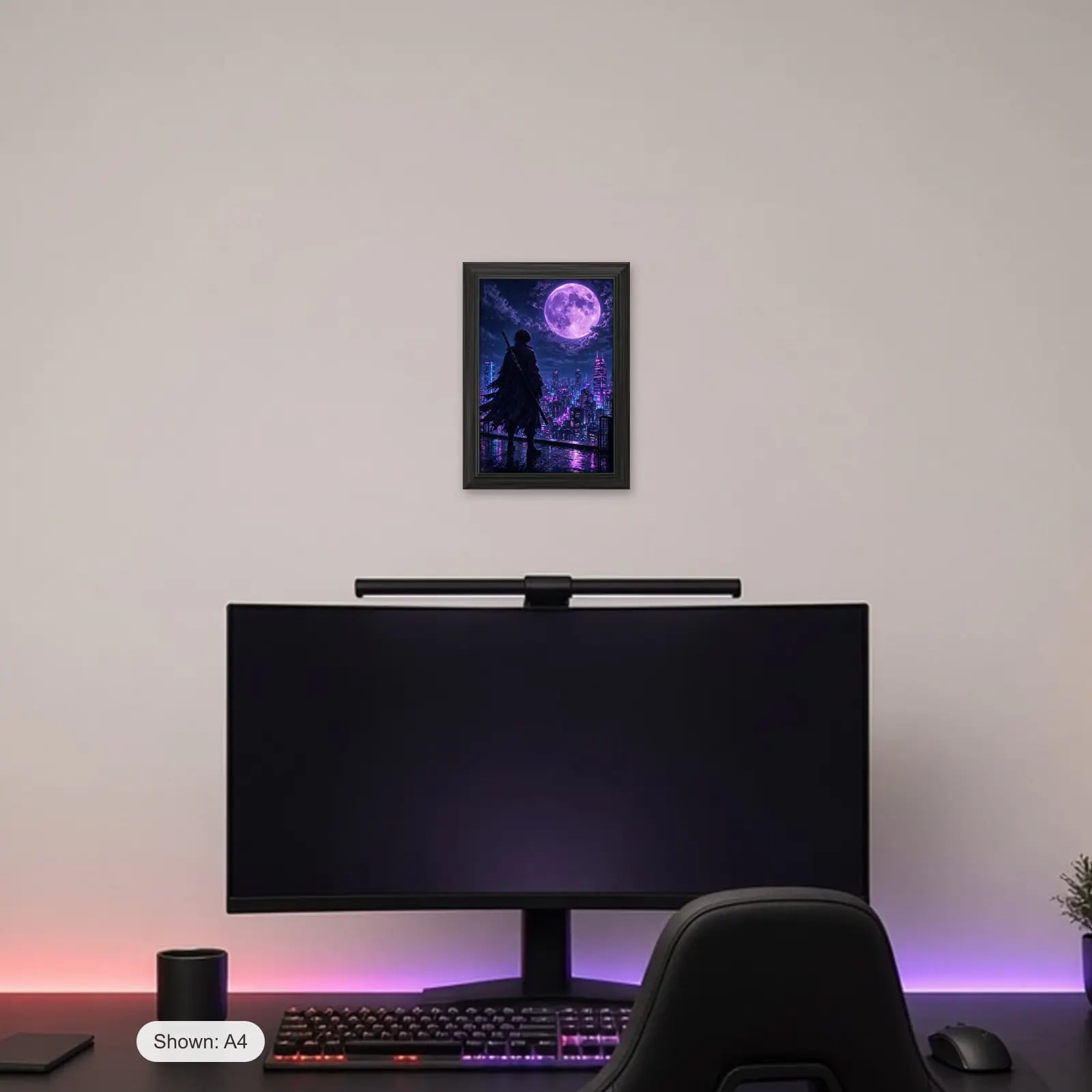 Neon Ronin Anime Frame above a gaming desk