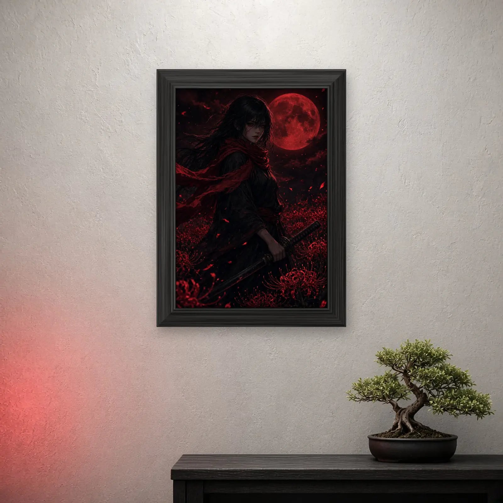 Red Lily Ronin Frame on a light wall with a crimson glow