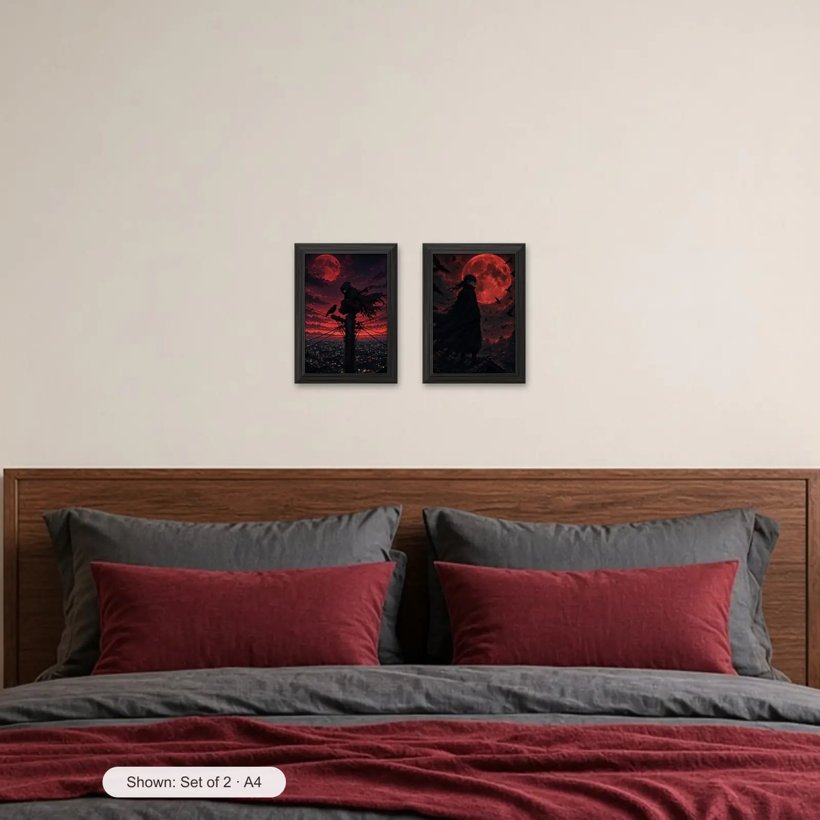 Shadow Watch Set of 2 above a bed with crimson pillows