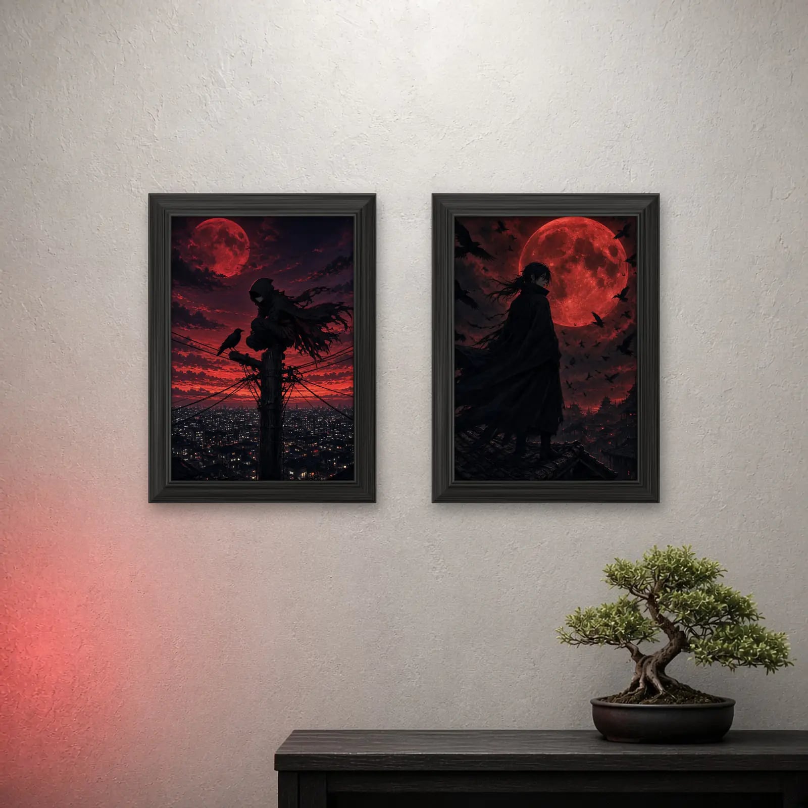 Shadow Watch Set of 2 on a light wall with a crimson glow