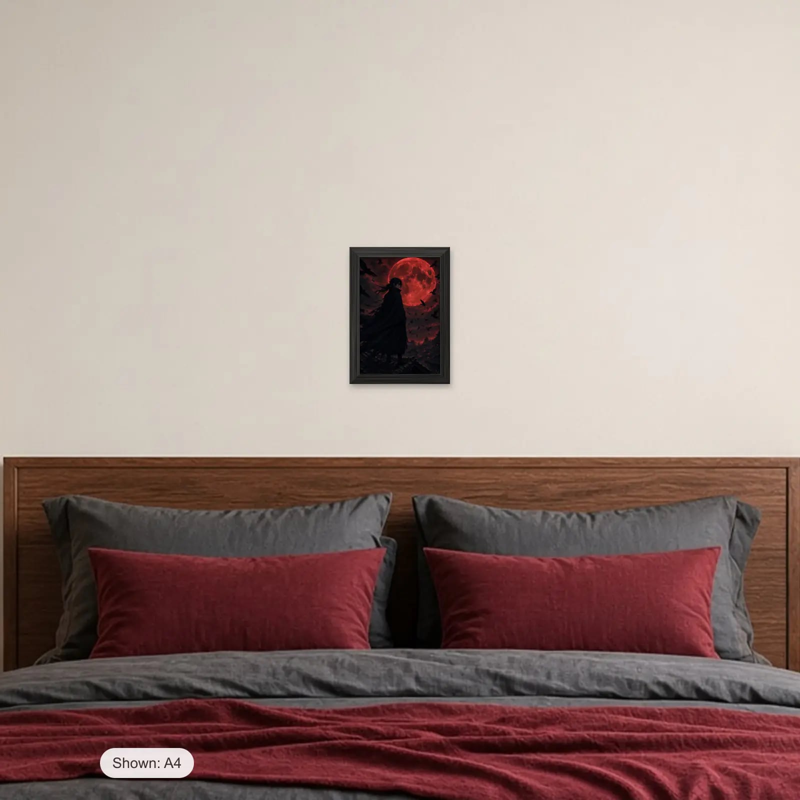 Crimson Moon Shinobi Frame above a bed with crimson pillows
