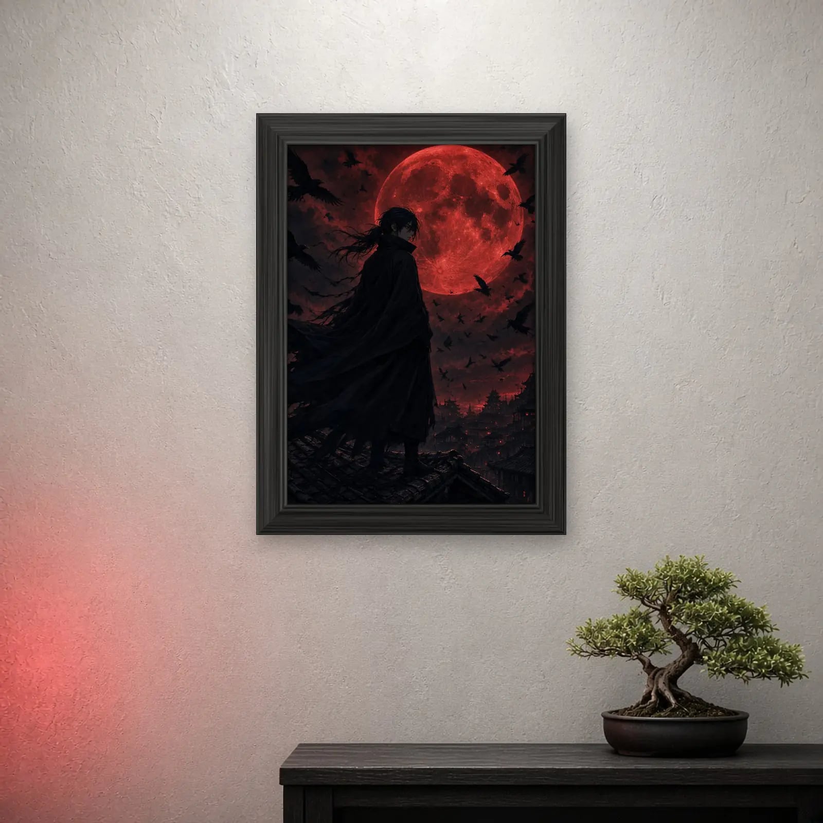 Crimson Moon Shinobi Frame on a light wall with a crimson glow