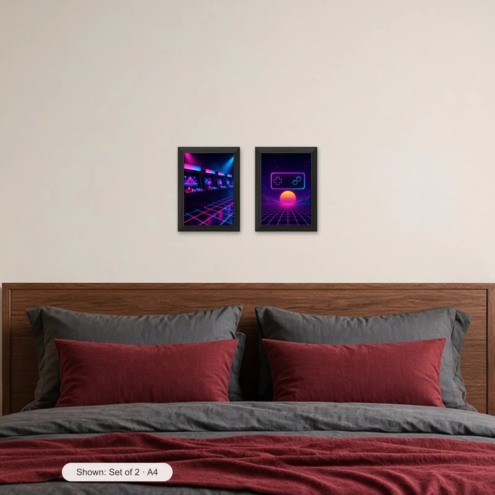 Neon Arcade Set of 2 above a bed with crimson pillows