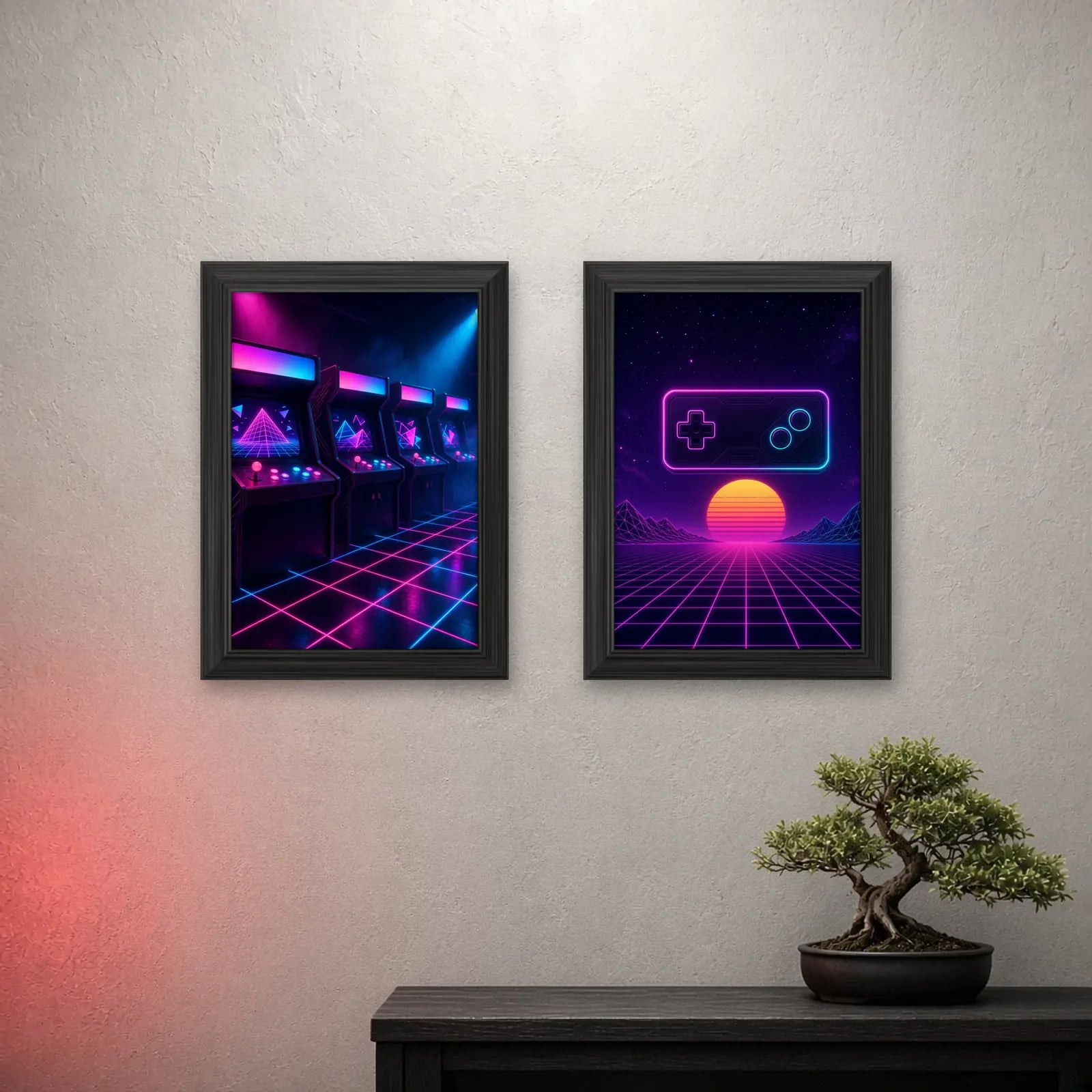 Neon Arcade Set of 2 on a light wall with a crimson glow
