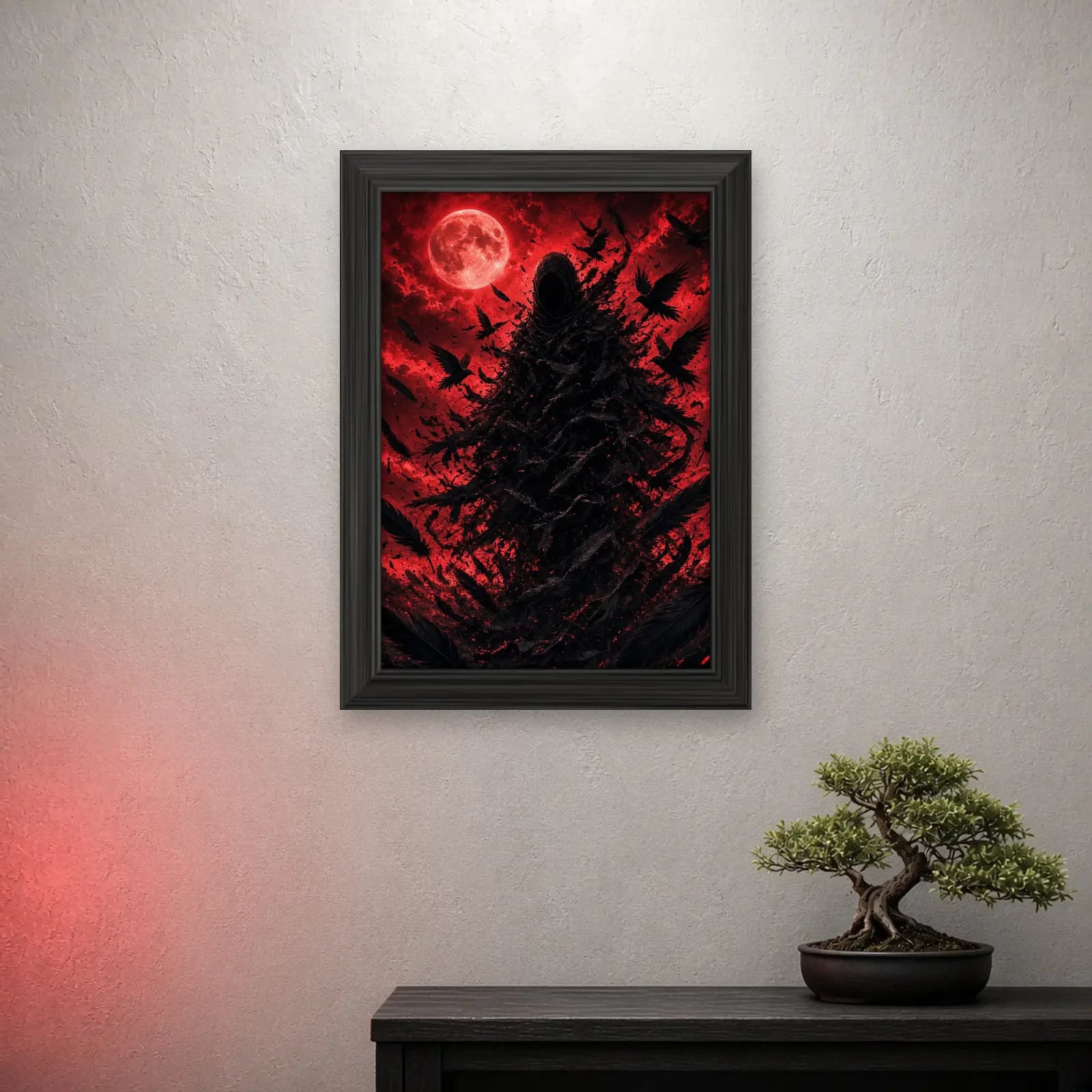 Raven Veil Frame on a light wall with a crimson glow