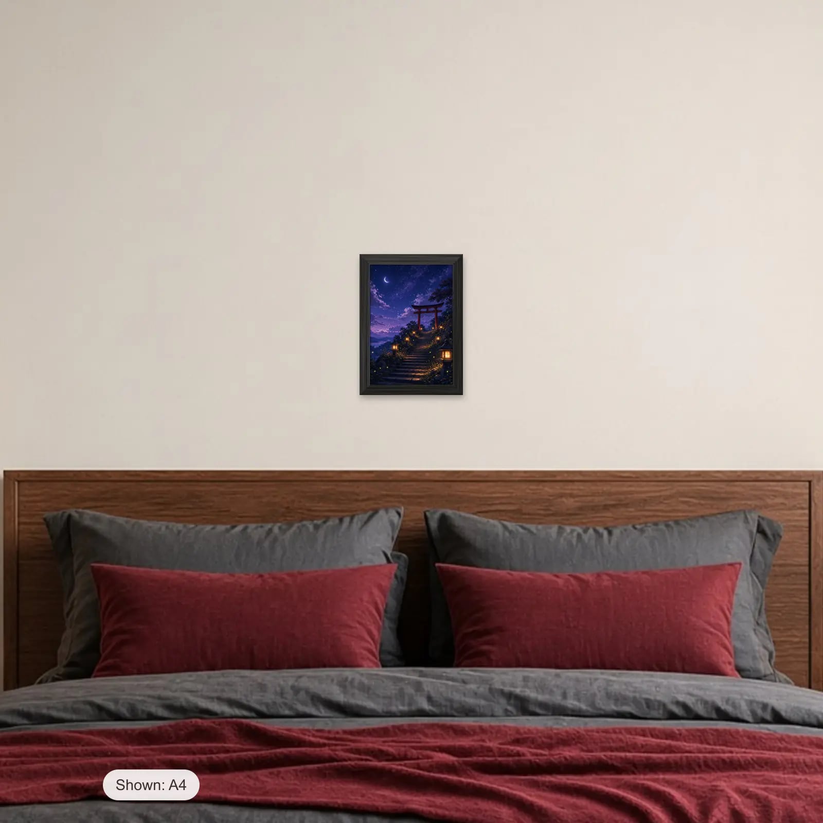 Moonlit Shrine Anime Frame above a bed with crimson pillows