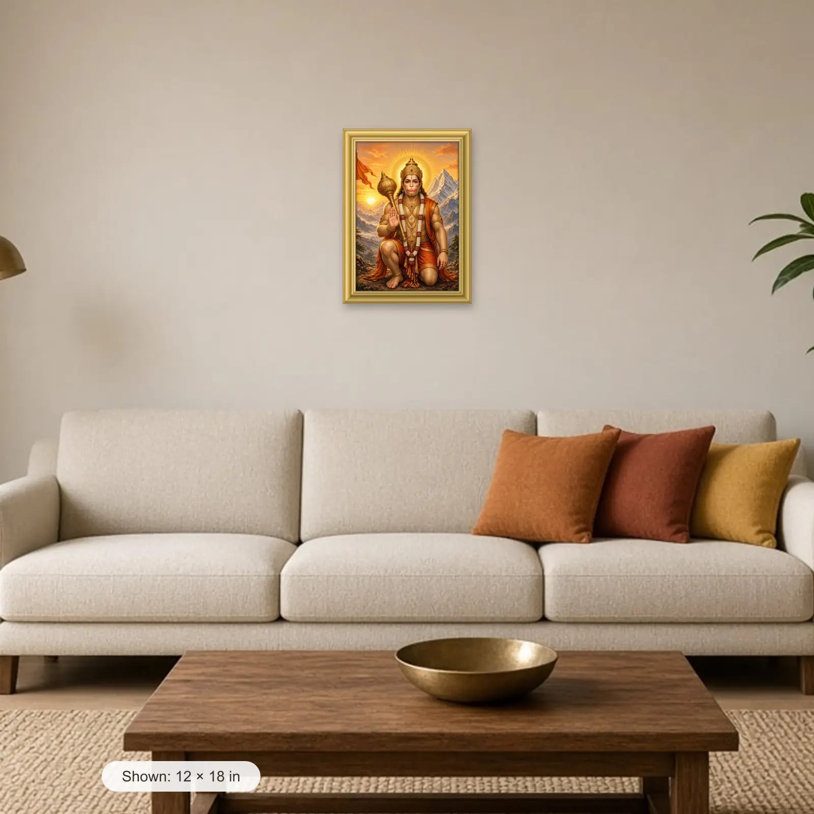 Hanuman Ji Frame above a sofa