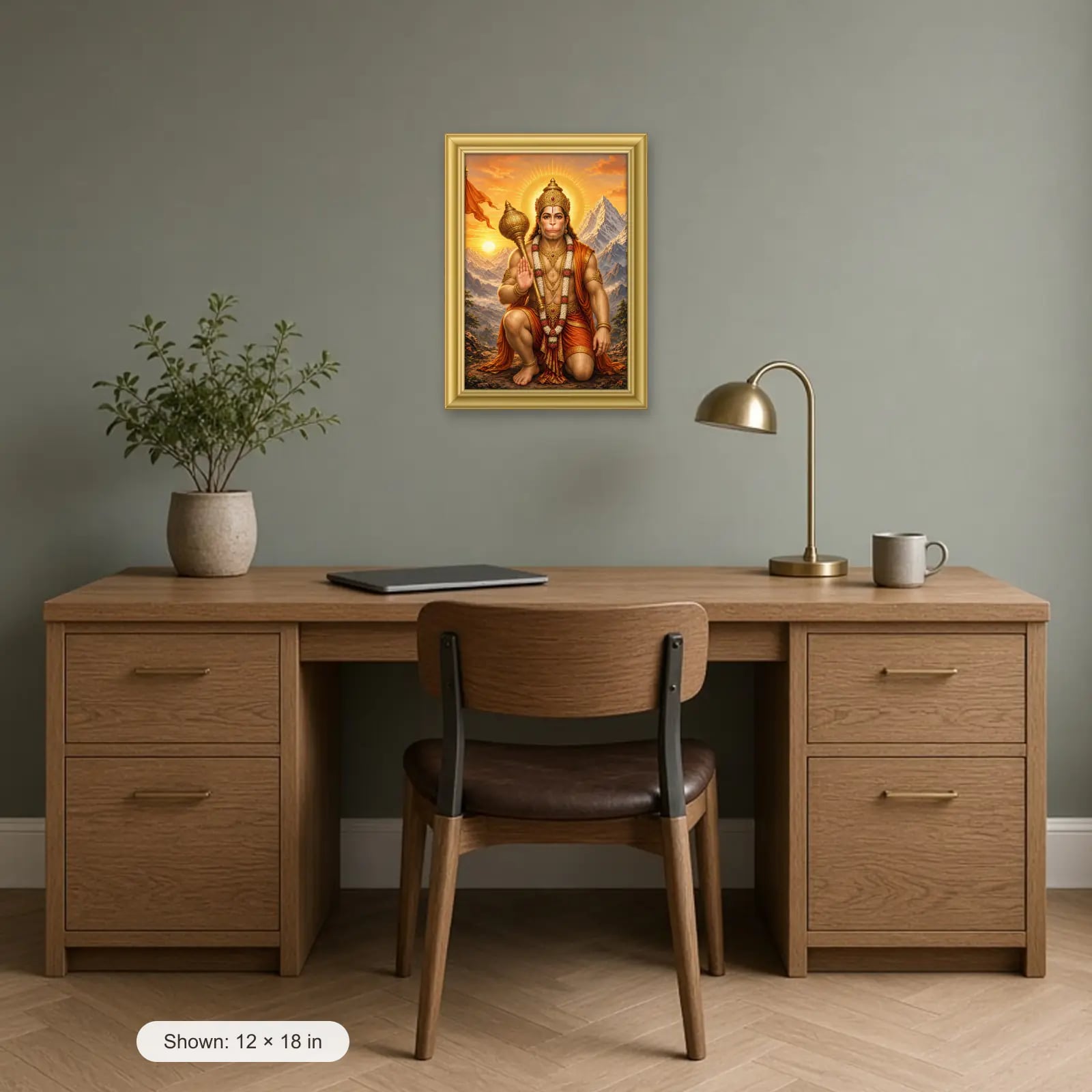 Hanuman Ji Frame above a desk